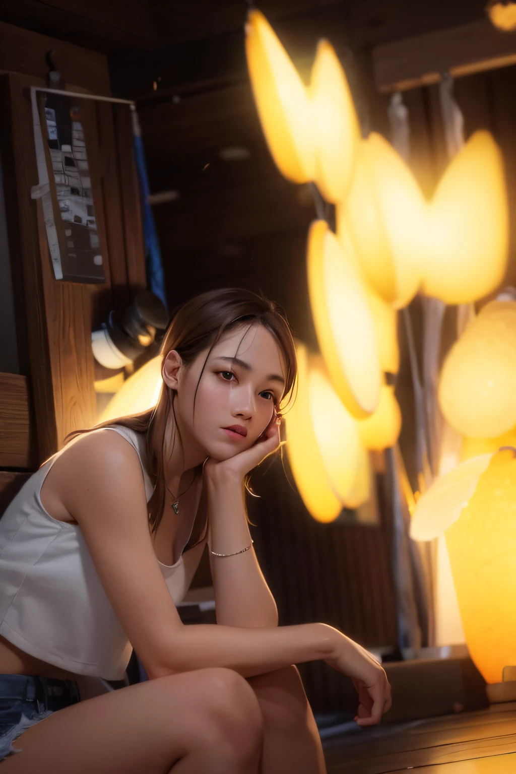 ((medium breast, tomboy girls, small head)), daylight, sunlight, (chiseled abs : 1.1), (perfect body : 1.1), (short wavy hair : 1.2) , auburn hair, collar, chain, full body shot, crowded street, wearing black tanktop, jeans jacket, ((shorts)), (extremely detailed CG 8k wallpaper), (an extremely delicate and beautiful), (masterpiece), (best quality:1.0), (ultra highres:1.0),  beautiful lighting ,perfect lightning, realistic shadows, [highres], detailed skin, ultra-detailed