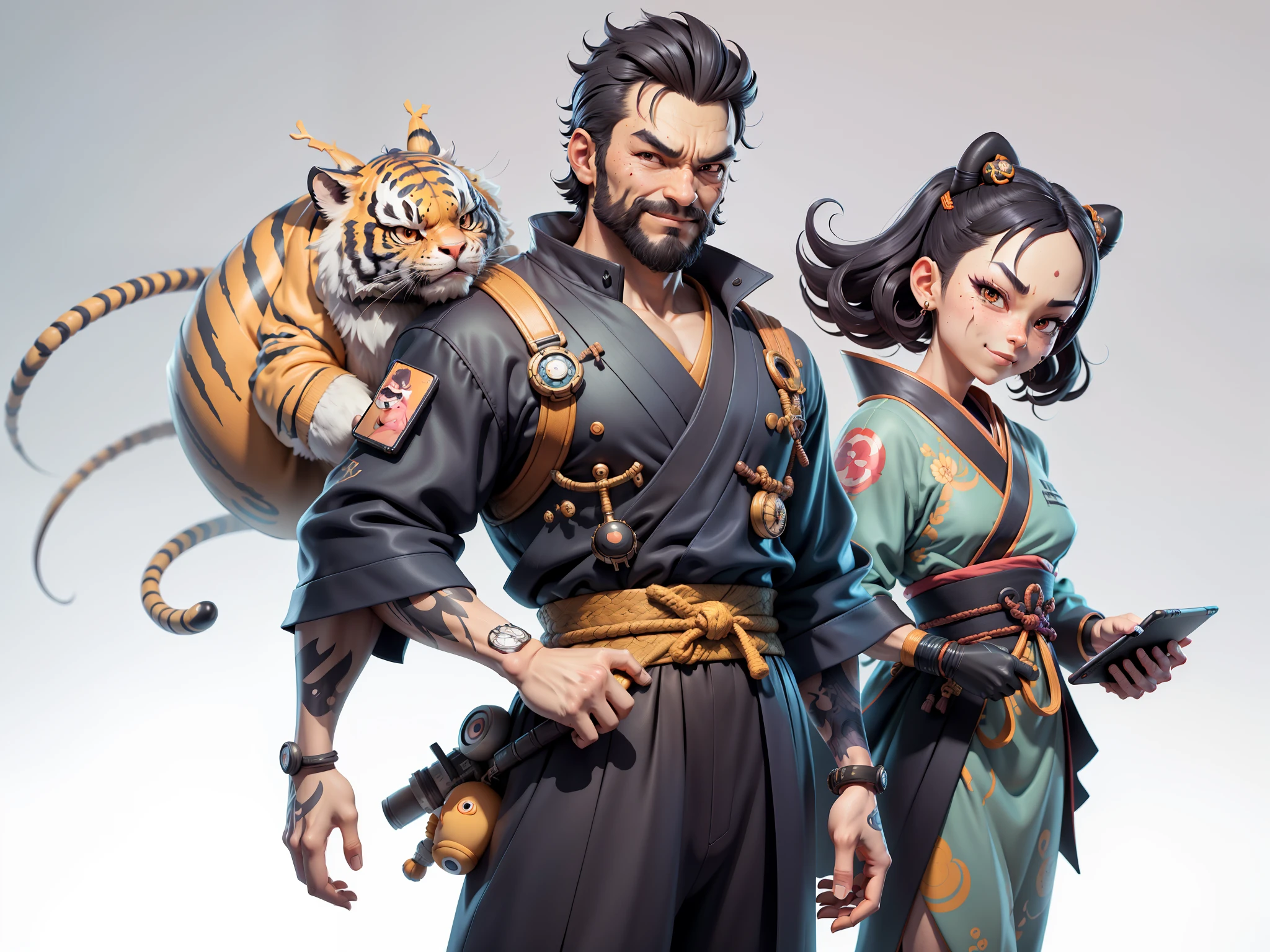 (Daisaku),(Need),(Super meticulous),(full bodyesbian:1.2),Super young man with Japanese geisha,Beautiful,orient,one tiger,Aeolian Thor,Raised sexy,爆乳,Oriental face,TV Anchor,Bust portrait illustration,In black suit,a blue tie,The face is slightly chubby,The face was clean,without a beard,Black super short hair,Black eyes,Smile confidently,3C computer sub-products,iPad, iphone,Digital painting,3D character design by Mark Clairen and Pixar and Hayao Miyazaki and Akira Toriyama,The illustration is a high-definition illustration in 4K resolution,With very detailed facial features and cartoon-style visuals。