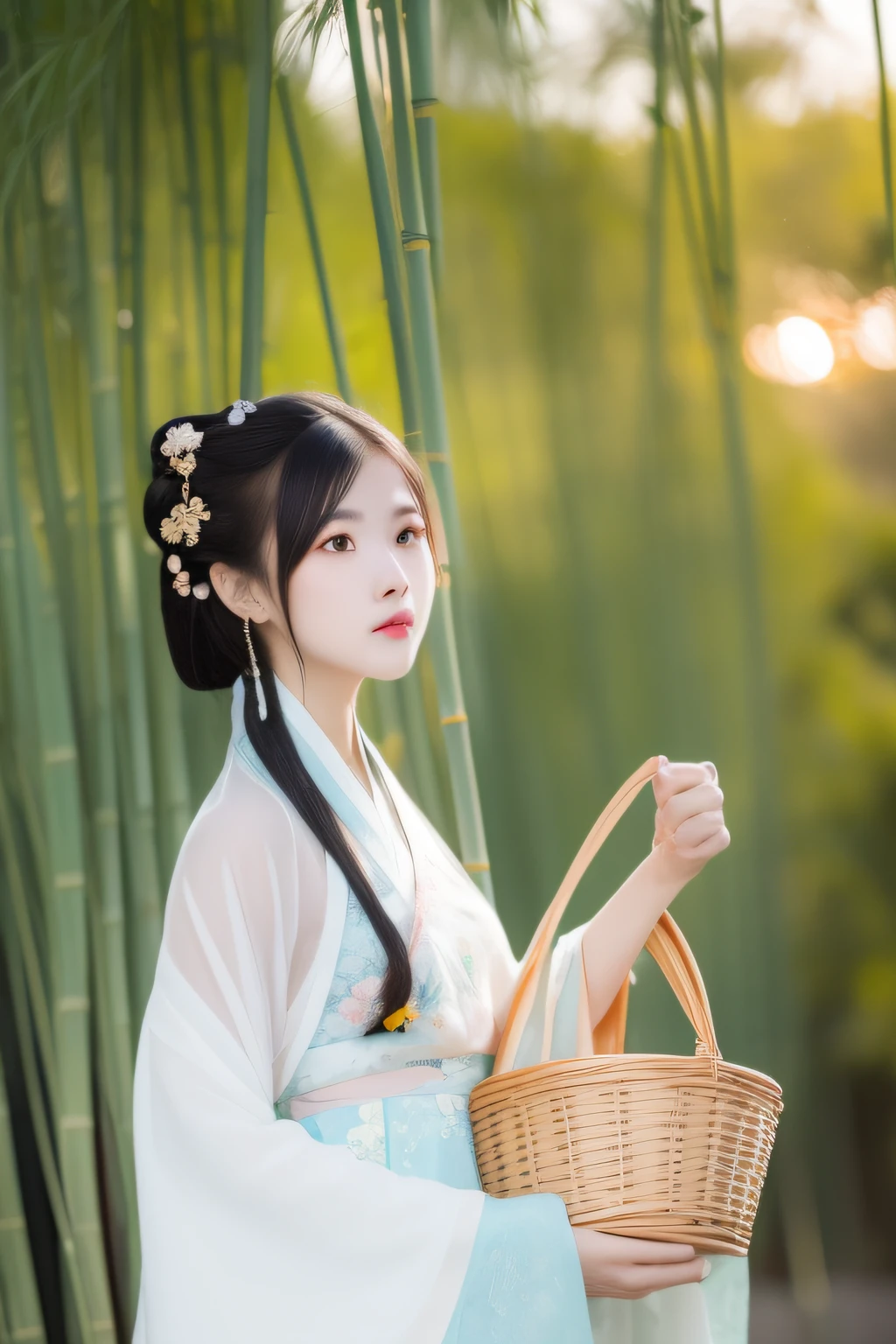 The sky is full of sunsets, The Hanfu woman walked slowly with a basket full of bamboo shoots, She has delicate facial features