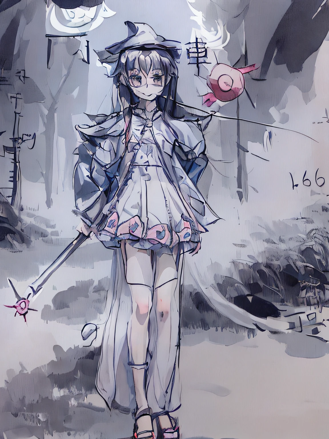 Sketch of a girl in a dress and hat with a stick,, style of magical girl, an anime drawing, anime sketch, Full body character drawing, Anime Paintings,