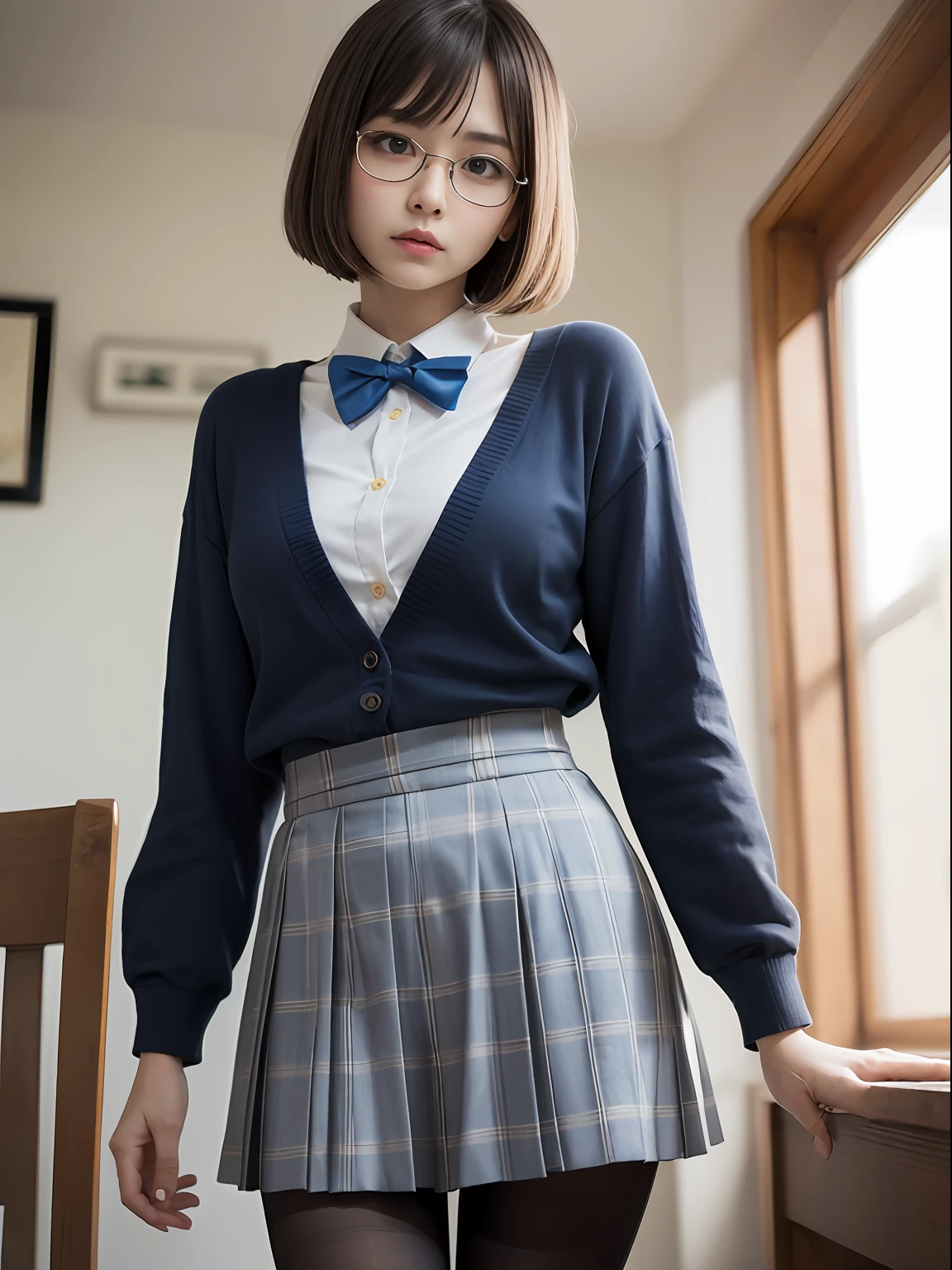 (Long bob cut),(Light blue bra shows through),(8K、Raw photography、top-quality、masterpiece:1.2),glamor,Chromo-white skin,cocky,School,watching at viewers,Looking at the front,Muchimuchi,Erotic,Pupils,de pele branca,kne,((Black pantyhose)),absurderes,a small face,small tits,flat breast,Parting the bangs from the middle、Forehead visible,(a cold expression,Tight eyes,glares,Bullish,skinny,Rasping,irate)、masterpiece,top-quality、超A high resolution,Raw photo,ren,Beautiful fece,One Person, 独奏,eye glass,,Dark look,Small breasts,fullllbody,Round glasses,JK school uniform,hi-school girl,A Japanese Lady,is standing,(Photorealsitic:1.37)、Photon mapping,Realistic、Beautie,Cute little face,Brown-eyed、Black socks、(Red bow tie)、Radio City、Physically Based Rendering、depth of fields、Blurry background、a picture,Body,beauty legs, Long legs, Thin leg,(Bangs are visible), hair, s lips, Blue_The eye, nosesoft,(Light blue shirt), (Navy and blue and white plaid pleated skirt), Knees are visible,Sheer clothing,, Thigh, Black cotton socks,Nogizaka Idol, 女優, Japanese ido