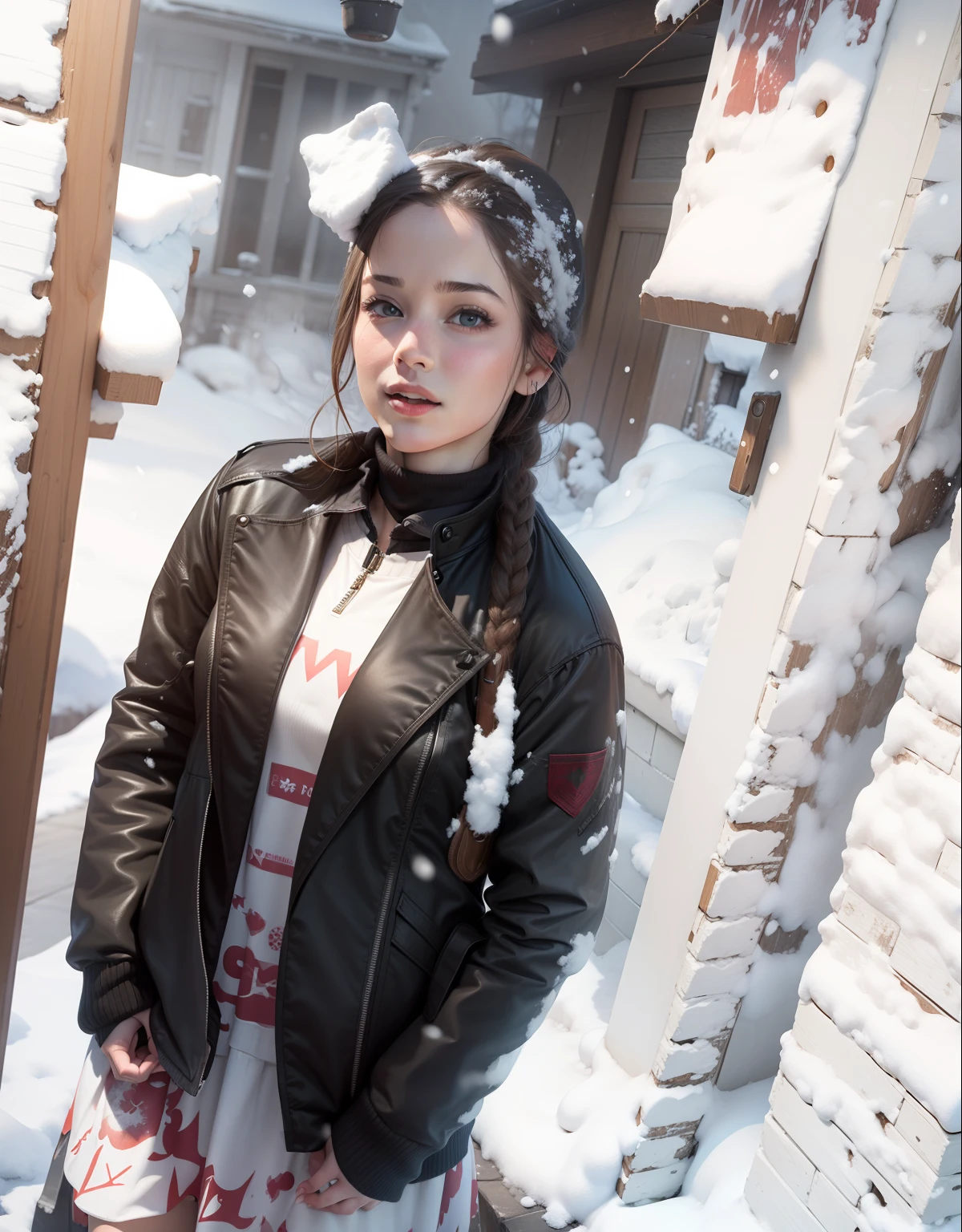 Change the background with snow, cute girl, realistic face, 8k , ultra realistic,