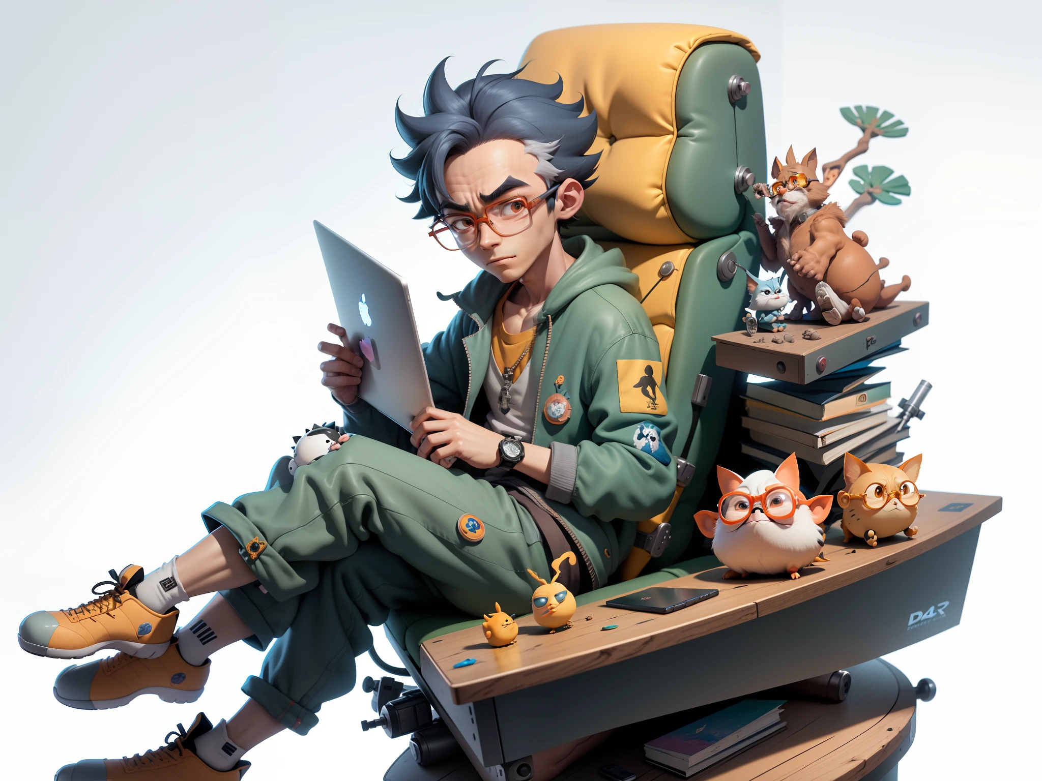 A young man with glasses sits at his desk，holding laptop，digitial painting，3D character design by Mark Clairen and Pixar and Hayao Miyazaki and Akira Toriyama，4K HD illustration，Very detailed facial features and cartoon-style visuals。