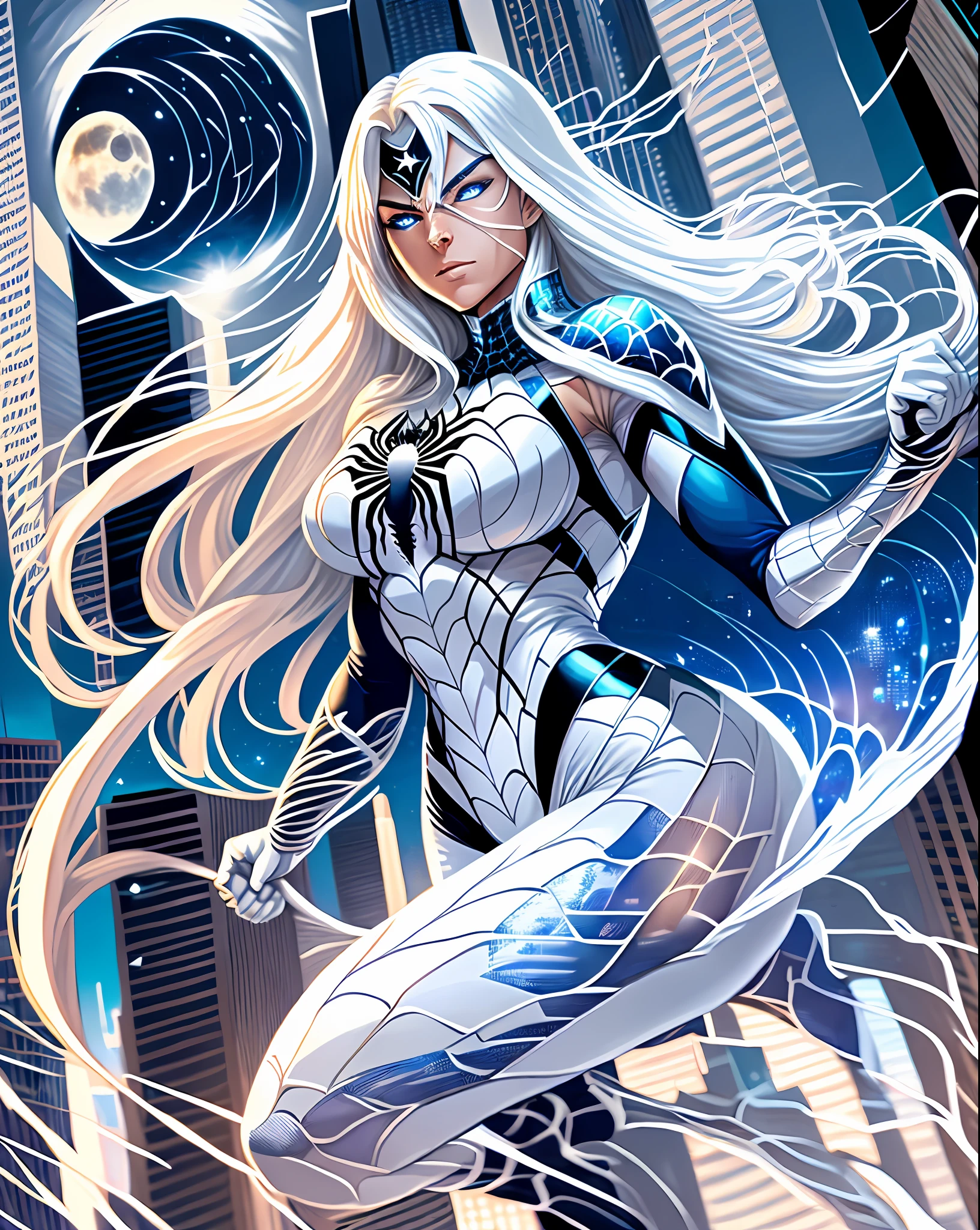 (Masterpiece, 4k resolution, ultra-realistic, very detailed), (White superhero theme, charismatic, there's a girl on top of town, wearing Spider-Man costume, she's a superhero), [ ((25 years), (long white hair:1.2), full body, (blue eyes:1.2), ((Spider-Man pose),show of strength, jumping from one building to another), ((sandy urban environment):0.8)| (cityscape, at night, dynamic lights), (full moon))] # Explanation: The Prompt mainly describes a 4K painting of ultra-high definition, very realistic, very detailed. It shows a superheroine at the top of the city, wearing a Spider-Man costume. The theme in the painting is a white superhero theme, the female protagonist has long white hair, is 25 years old and her entire body is shown in the painting. In terms of portraying the actions of superheroines, spiders are employed --auto --s2