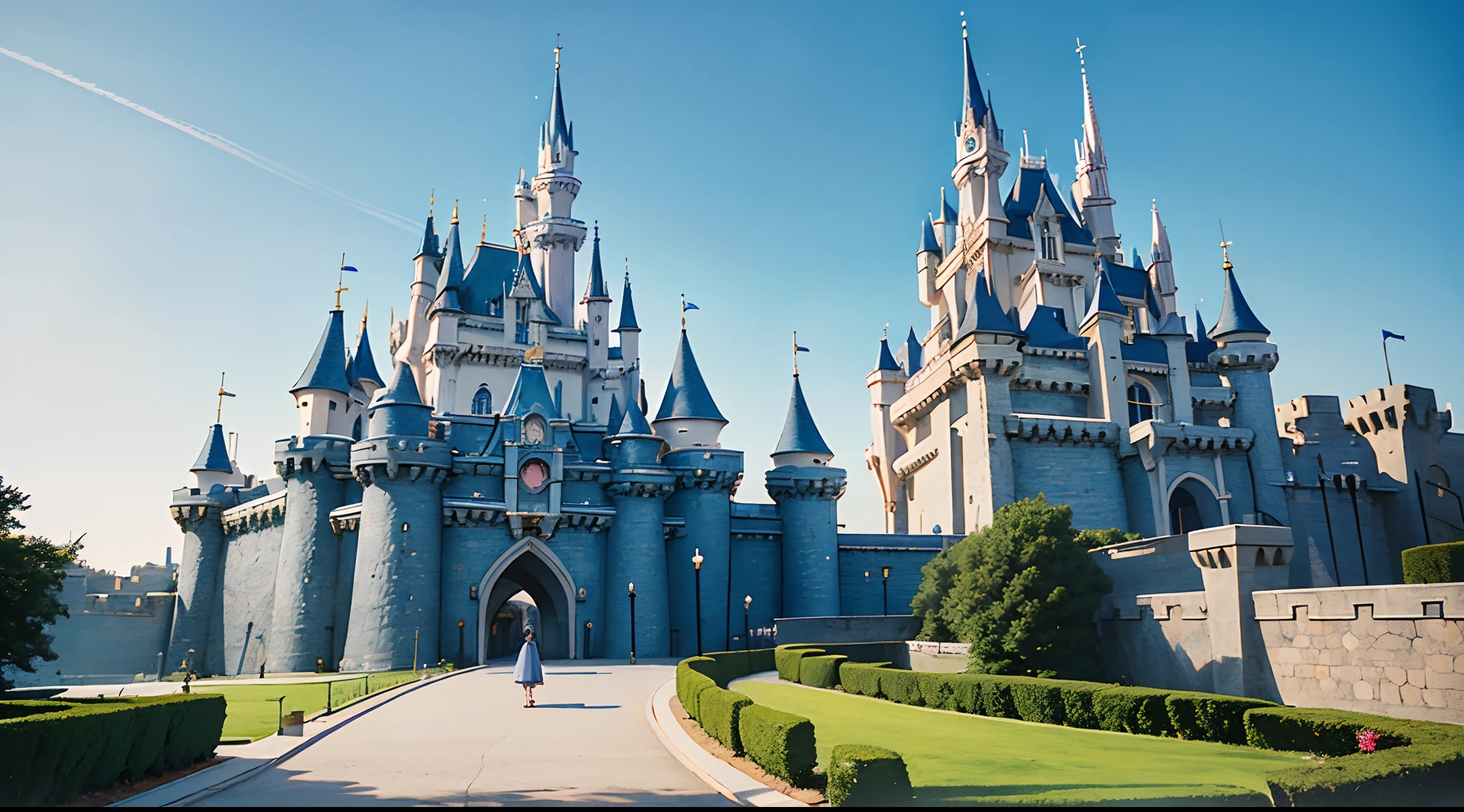 Kizi,20yr old,Alafi Castle with bell tower and blue roof,Disneyland Castle,The background is Disneyland Castle,Disneyland,Beautiful castle,Magical castle,Walt Disney World,Castle,huge castle,luxury castle,flying cloud castle,Fantasy castle,epic castle with tall spires,Blue sky and white cloud background,dream magical,siluette,Ghibli comic style,Miyazaki manga style,Fresh colors,adolable,Super meticulous。(main body: 1girll,Background with: Disneyland Castle,styled: Ghibli comic style,Miyazaki manga style,color: freshen,adolable,meticuloso) --auto