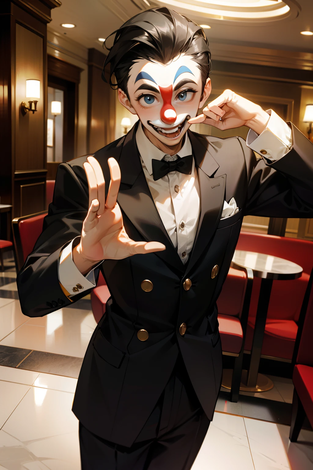 Hotel Lobby,A waiter in a clown costume,Wave your hand,Gentleman's Manner,Welcome to the hotel,With a smile。