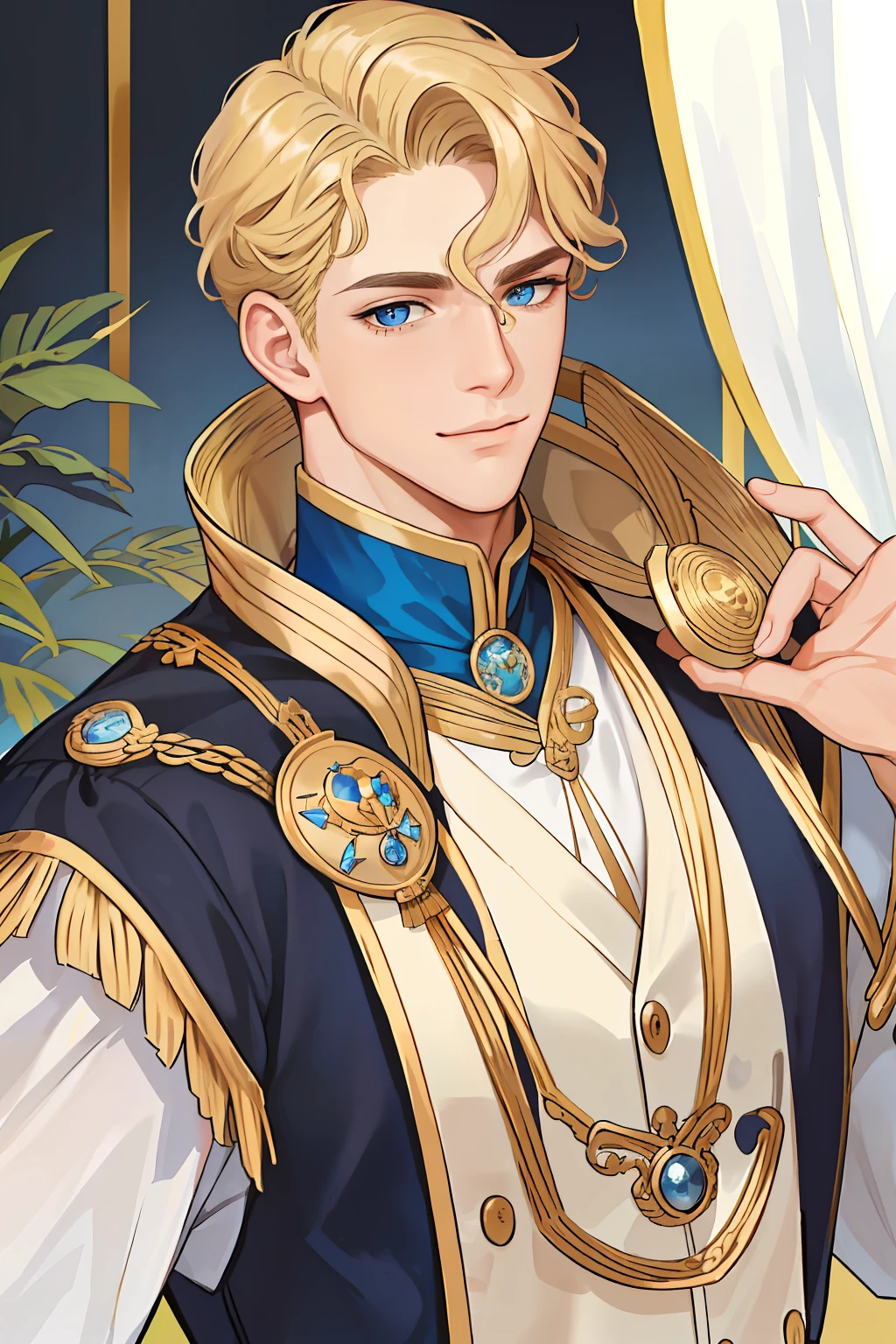 tmasterpiece,best qualtiy,realisticlying,1man,Mature male,tall muscular,handsome,ssmile,Keep one's mouth shut,sportrait,very vey very detailed face,(short detailed hair),(Blonde curly hair and blue eyes)thick eyebrow,Golden eyelashes