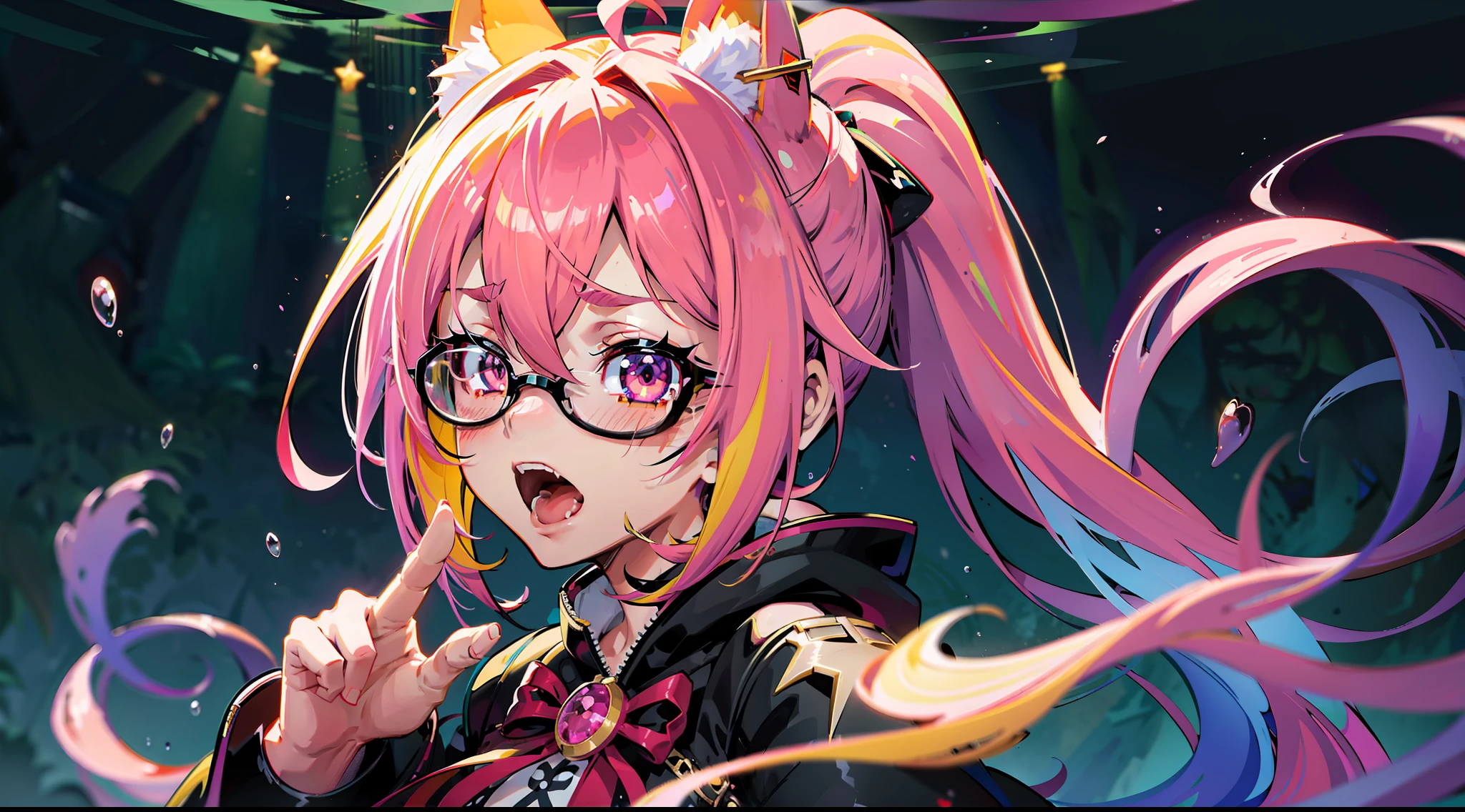 Gradient hair, ahoge, multicolored hair, Medium hair, Long hair, pony tails, Mask, devil horns, forehead jewel, forehead mark, Animal hood, wears glasses, Gradient eyes, Snake pupils, Devil Eyes, happy tears, Fox ears, food on face, Open mouth, Tongue stock, Lick lip, full blush, Moaning, Naughty face, Reflectors, cheerfulness, Yandere, Fang, fang out, verbal invitation, Gothic art, Ray tracing, Vignetting, dither, full bloom, move chart, partial underwater shot, three sided view, hyper HD, Masterpiece, Anatomically correct, Super detail, High quality, Best quality, A high resolution, 4K