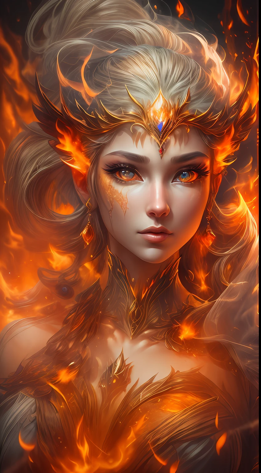 This is a realistic fantasy artwork prominently featuring realistic fire, including wisps of flames, glowing hot embers, subtle curls of smoke, and a beautiful fire druid. The druid stands in the midst of a raging inferno with an interesting composition. Her face is expertly sculpted, with elegant and refined features and perfect shading and realistic skin texture. Her (orange and gold eyes) are stunning and are the focal point of this image. (Her eyes extremely detailed, beautiful detailed eyes, and macro). Her eyes feature intricate detailing with clearly defined irises and bright sclera. Her soft lips are smooth and very puffy, and her skin is adorned with a light flush and ornate fire detailing. Her long gown is stunning and expensive, and is made of pure flames and glittering, ornate jewels that glimmer in the fire light. Her billowing gown glitters from the flames and features a delicately and intricately embroidered bodice with wisps of flames running across it. Include fantasy elements like bumps, stones, fiery iridescence, glowing embers, silk, and an interesting background. Include fiery magical creatures such as fiery birds and fiery butterflies that give off a magical and mystical aura. Lighting: Utilize the latest trends in lighting to enhance the artwork's beauty. Camera: Utilize dynamic composition to create a sense of urgency and excitement. Take inspiration from the current masters of the fantasy genre, including trending artists on Artstation and Midjourney. ((masterpiece))