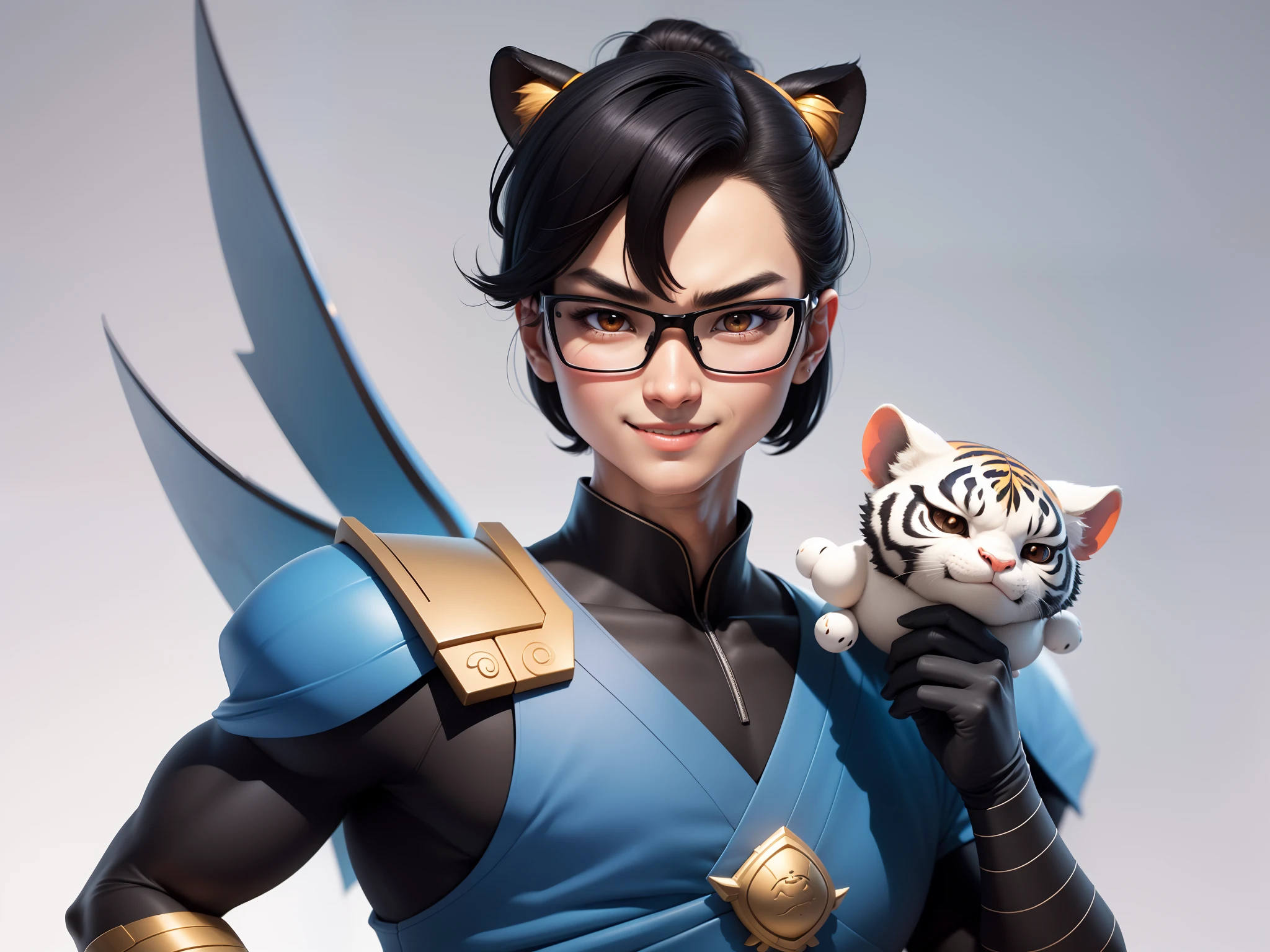 (Masterpiece), (Excellent), (Super Meticulous), (Full Body: 1.2), Super Young Man with Japanese Female Geisha, Pretty, Beautiful, Chinese Dragon, Tiger, Wind God Thor, Sexy, Bursting, Oriental Face, TV Anchor, Bust Portrait Illustration, Black Suit, Blue Tie, Slightly Chubby Face, Silver Glasses, Very Clean Face, No Beard on Chin, Black Super Short Hair, Black Eyes, Confident Smile, 3c Computer Sub-Products, iPad, iPhone, Digital Painting, 3D character design by Mark Clairedon and Pixar and Hayao Miyazaki and Akira Toriyama, the illustrations are HD illustrations in 4K resolution with highly detailed facial features and cartoon-style visuals.