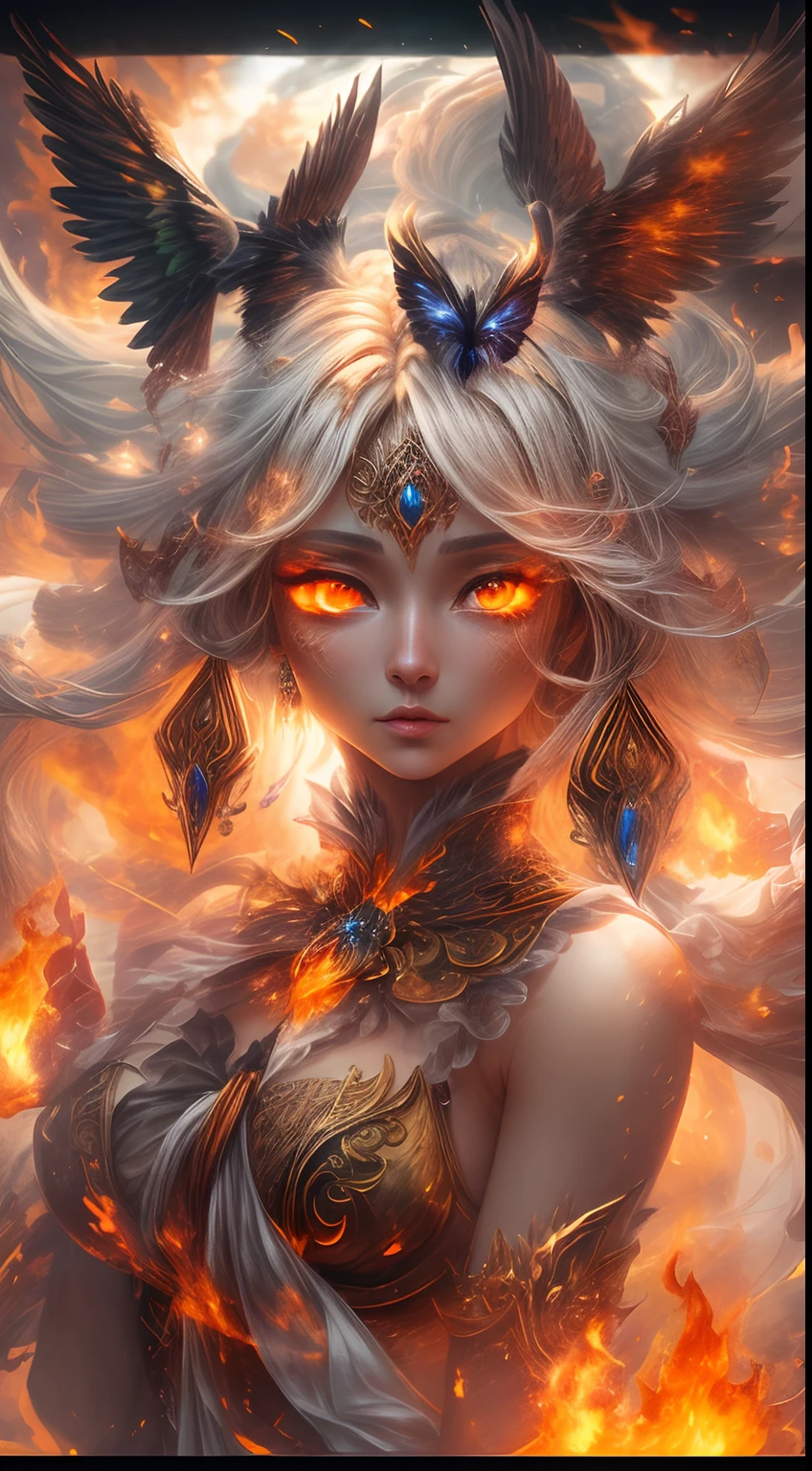 This is a realistic fantasy artwork prominently featuring realistic fire, including wisps of flames, glowing hot embers, subtle curls of smoke, and a beautiful fire druid. The druid stands in the midst of a raging inferno with an interesting composition. Her face is expertly sculpted, with elegant and refined features and perfect shading and realistic skin texture. Her (orange and gold eyes) are stunning and are the focal point of this image. (Her eyes extremely detailed, beautiful detailed eyes, and macro). Her eyes feature intricate detailing with clearly defined irises and bright sclera. Her soft lips are smooth and very puffy, and her skin is adorned with a light flush and ornate fire detailing. Her long gown is stunning and expensive, and is made of pure flames and glittering, ornate jewels that glimmer in the fire light. Her billowing gown glitters from the flames and features a delicately and intricately embroidered bodice with wisps of flames running across it. Include fantasy elements like bumps, stones, fiery iridescence, glowing embers, silk, and an interesting background. Include fiery magical creatures such as fiery birds and fiery butterflies that give off a magical and mystical aura. Lighting: Utilize the latest trends in lighting to enhance the artwork's beauty. Camera: Utilize dynamic composition to create a sense of urgency and excitement. Take inspiration from the current masters of the fantasy genre, including trending artists on Artstation and Midjourney. ((masterpiece))