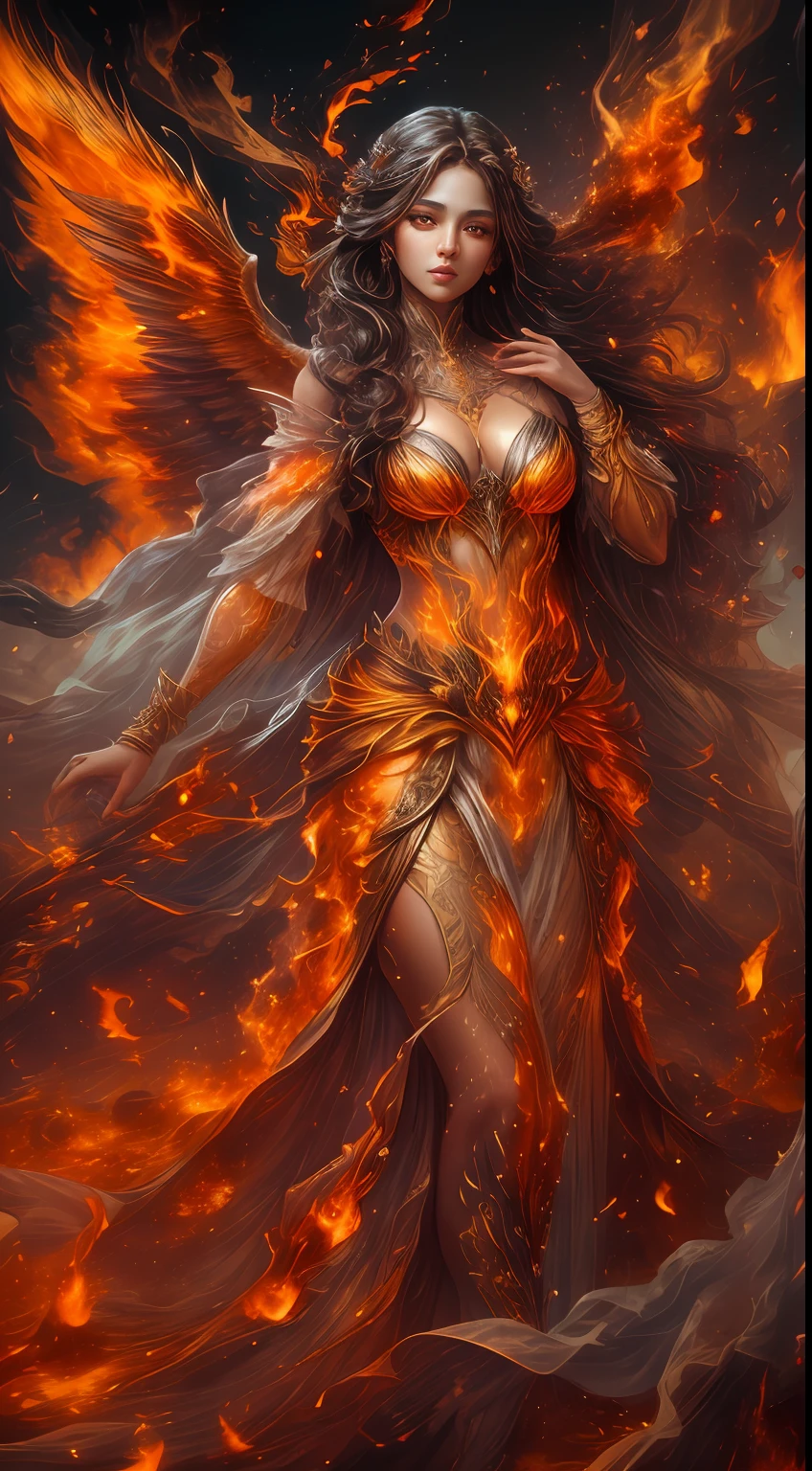 This is a realistic fantasy artwork prominently featuring realistic fire, including wisps of flames, glowing hot embers, subtle curls of smoke, and a beautiful fire druid. The druid stands in the midst of a raging inferno with an interesting composition. Her face is expertly sculpted, with elegant and refined features and perfect shading and realistic skin texture. Her (orange and gold eyes) are stunning and are the focal point of this image. (Her eyes extremely detailed, beautiful detailed eyes, and macro). Her eyes feature intricate detailing with clearly defined irises and bright sclera. Her soft lips are smooth and very puffy, and her skin is adorned with a light flush and ornate fire detailing. Her long gown is stunning and expensive, and is made of pure flames and glittering, ornate jewels that glimmer in the fire light. Her billowing gown glitters from the flames and features a delicately and intricately embroidered bodice with wisps of flames running across it. Include fantasy elements like bumps, stones, fiery iridescence, glowing embers, silk, and an interesting background. Include fiery magical creatures such as fiery birds and fiery butterflies that give off a magical and mystical aura. Lighting: Utilize the latest trends in lighting to enhance the artwork's beauty. Camera: Utilize dynamic composition to create a sense of urgency and excitement. Take inspiration from the current masters of the fantasy genre, including trending artists on Artstation and Midjourney. ((masterpiece))