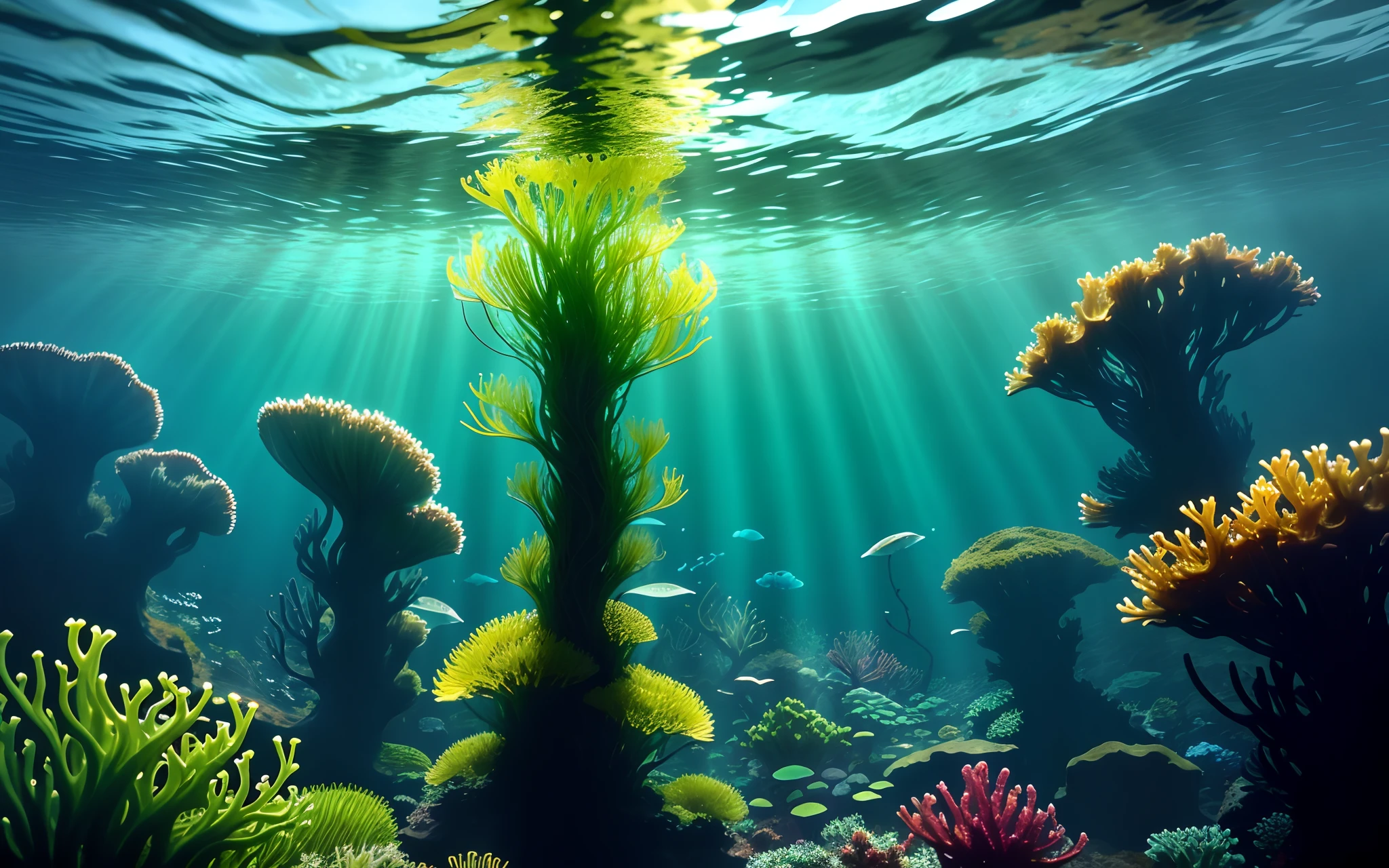 Close-up of a group of plants,underwater plants,kelp,Towering kelp,Marine plant forest,Brilliant translucent algae,Floating seaweed,Bottom view,twirling glowing sea plants,Seaweed and bubbles,algae