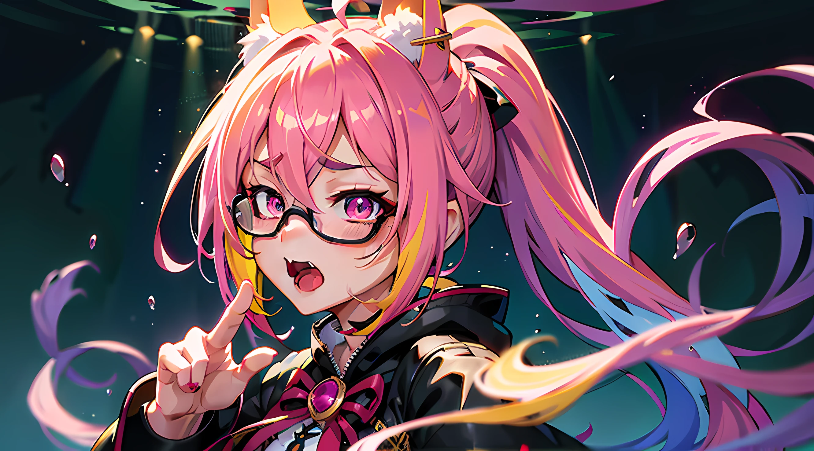 Gradient hair, ahoge, multicolored hair, Medium hair, Long hair, pony tails, Mask, devil horns, forehead jewel, forehead mark, Animal hood, wears glasses, Gradient eyes, Snake pupils, Devil Eyes, happy tears, Fox ears, food on face, Open mouth, Tongue stock, Lick lip, full blush, Moaning, Naughty face, Reflectors, cheerfulness, Yandere, Fang, fang out, verbal invitation, Gothic art, Ray tracing, Vignetting, dither, full bloom, move chart, partial underwater shot, three sided view, hyper HD, Masterpiece, Anatomically correct, Super detail, High quality, Best quality, A high resolution, 4K