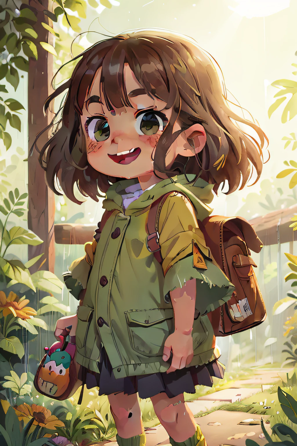 Children's art graphic novel, Very cute, Caricature, Wear a long sun-covered colored rain poncho,With plant stitches, determined expression, Furrowed eyebrows, confident smile, and a slightly raised nose, ready for action. She has long brown hair with fringes, freckle, Green eyes and a cheerful smile. SHe carries a bag with some gadgets and tools. Soft atmospheric lighting, A warm and inviting color palette. Whole body
