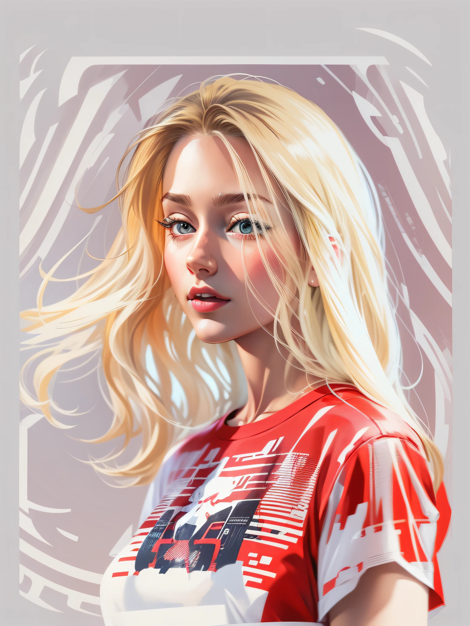 woman, wearing red fashion outfit, with long blonde hair, realistic style image, surrounded by vibraprint ready vector t-shirt design, white background, side view, sticker, clean white background, professional vector, high detail, t- design shirt, vibrant.