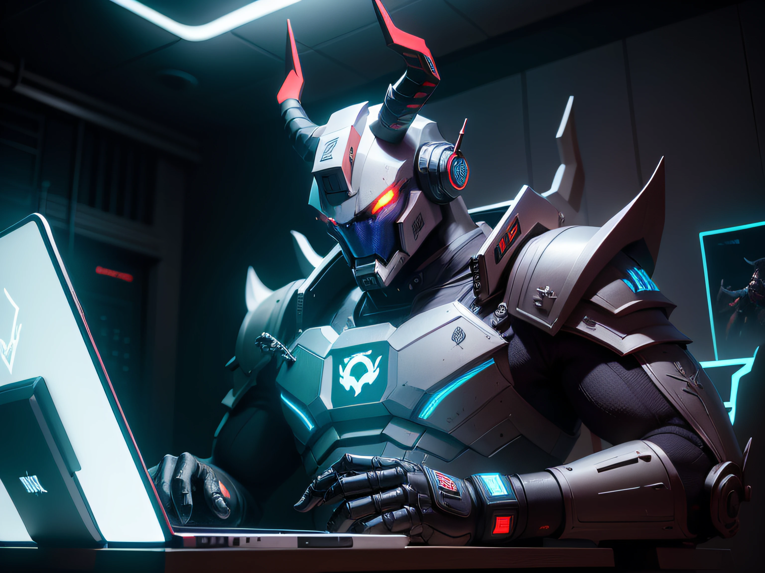 There is a robot with horns sitting on a table,Operate the laptop(The computer has a robot bullhead logo on the back), cyborg jackalope cyberpunk, moon bull samurai, nasus, black bull samurai, blue tiefling, 3 d render official art, hyper bullish, cyber noir, PC Wallpapers, Portrait of a cyborg dragon, Stylized concept art, in a horned helmet,The background wall has"FLY"Logo glow effect