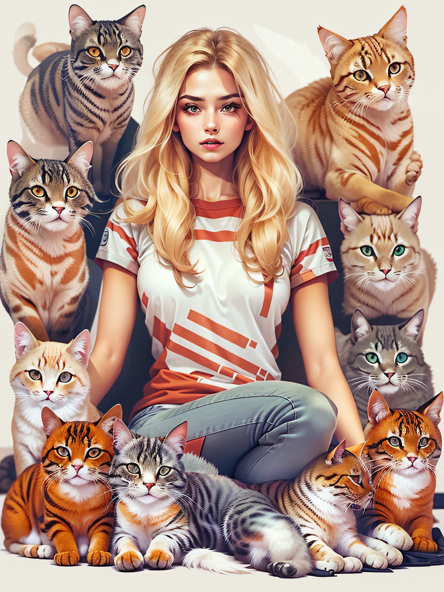 woman with cats, wearing red fashion outfit, with long blonde hair, realistic style image, surrounded by vibraprint ready vector t-shirt design, white background, side view, sticker, clean white background, professional vector, high detail, t - shirt design, vibrant.