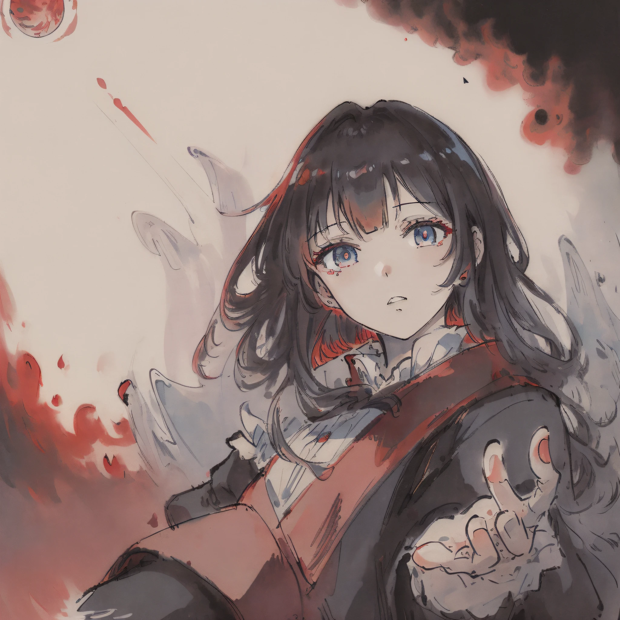 (((masterpiece))),best quality, illustration,beautiful detailed glow,detailed ice,beautiful detailed water,red moon, (magic circle:1,2), (beautiful detailed eyes),expressionless,beautiful detailed white gloves, own hands clasped, (floating palaces:1.1),azure hair,disheveled hair,long bangs, hairs between eyes, dark dress, (dark magician girl:1.1),black kneehighs, black ribbon,white bowties,midriff,{{{half closed eyes}}},,big forhead,blank stare,flower,large top sleeves,