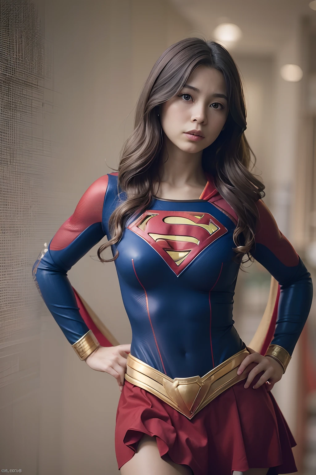 Woman poses for a photo，（Wear supergirl_cosplay_outfit：1.3），mini_skirt，（Fighting posture：1.2），Fierce posture，nice hand，4k，A high resolution，tmasterpiece，best qualtiy，head：1.3，（（Hasselblad photograp）），finelydetailedskin，Clear focus，（cinmatic lighting），鎖骨，during night，gentle lighting，dynamic angle，[:(Detailed face：1.2）：0.2]，（（（5 stars hotel））），takeout，