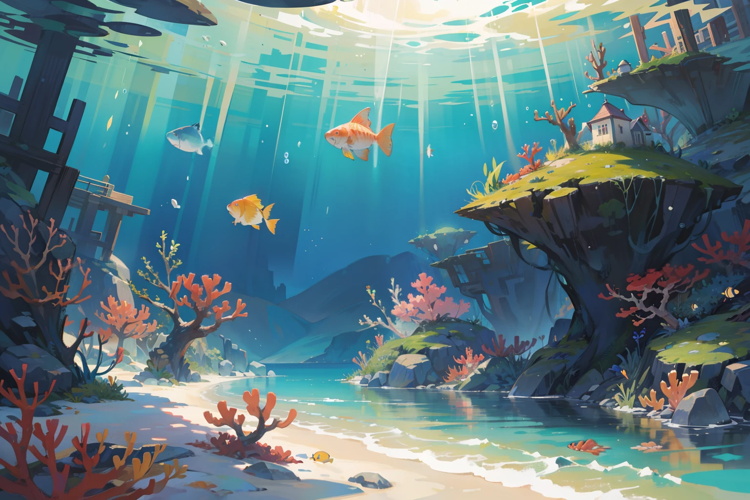 (masterpiece), best quality, ultra high res, beautiful scenery, detailed scenery, (warm pastel color), under the sea, sand, colorful corals, fishes, bubble, seaweed,