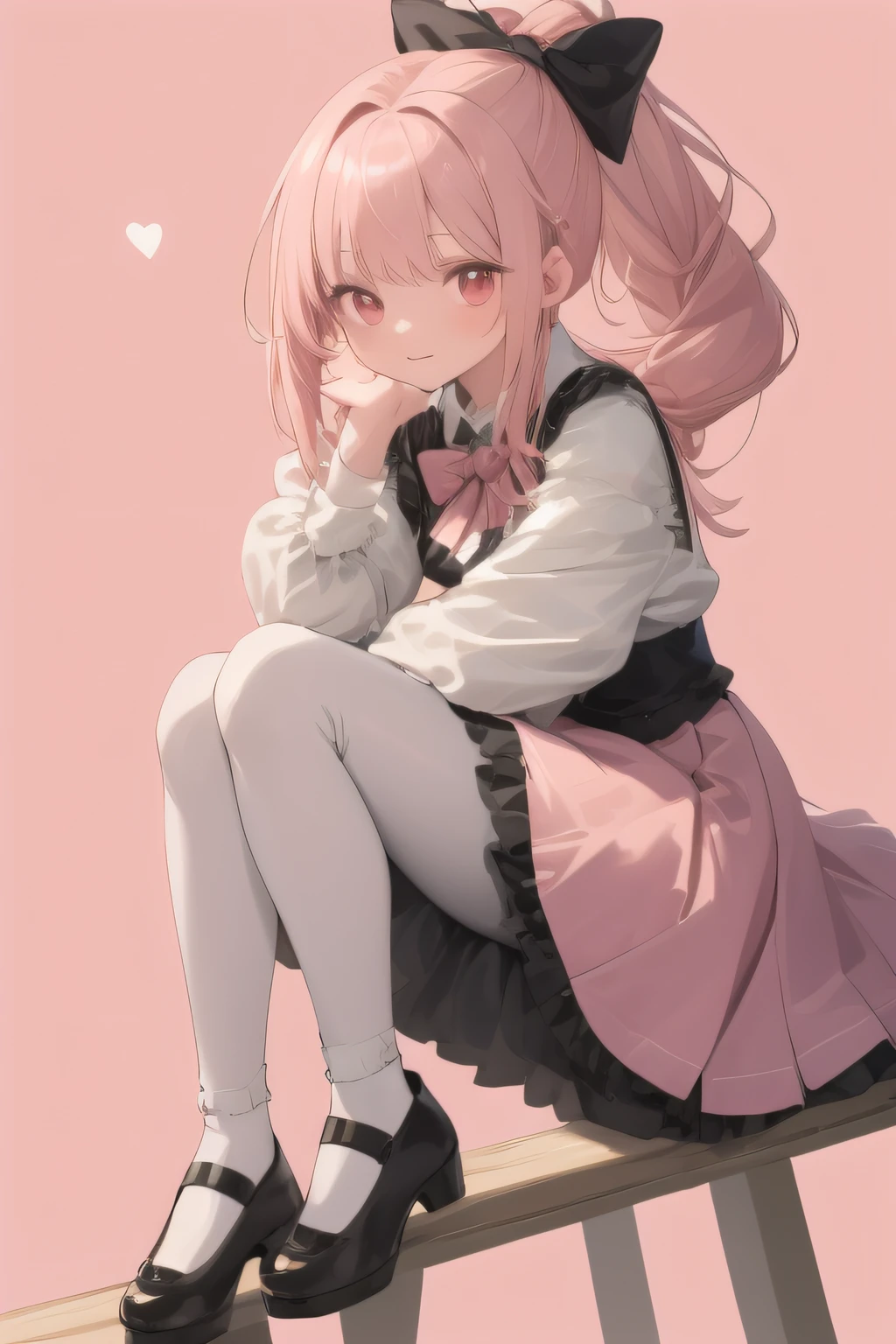 Masterpiece, best quality, 1girl, solo, long hair, looking_at_viewer, bangs, skirt, shirt, pink hair, long sleeves, bow, ribbon, one-sided ponytail, hair_bow, heart, pantyhose, frills, shoes, pink skirt, red eyes, pink background, frilled_skirt, pink_bow,pink_shirt,, platform_footwear, jirai_kei,