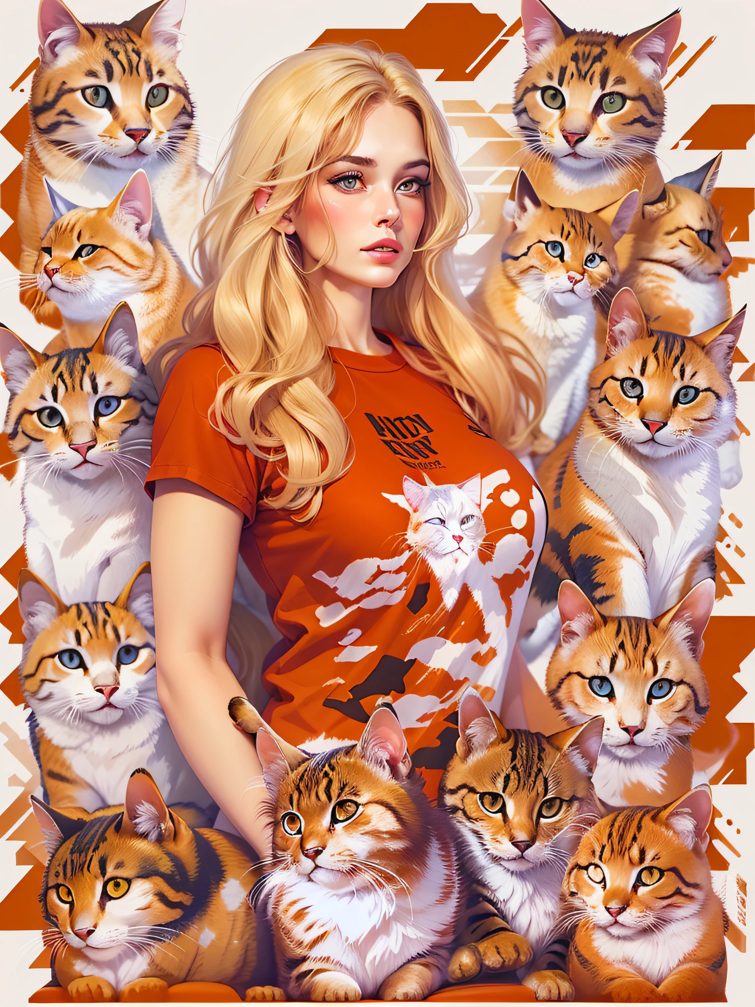 woman with cats, wearing red fashion outfit, with long blonde hair, realistic style image, surrounded by vibraprint ready vector t-shirt design, white background, side view, sticker, clean white background, professional vector, high detail, t - shirt design, vibrant.