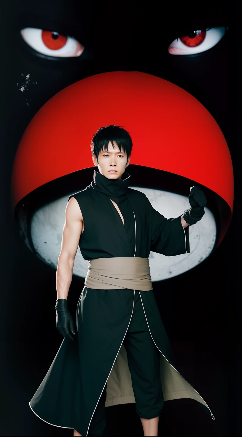 "1man, obito, ultra detailed, realistic, wearing a black robe, prominent burn mark on his face, red right eye"