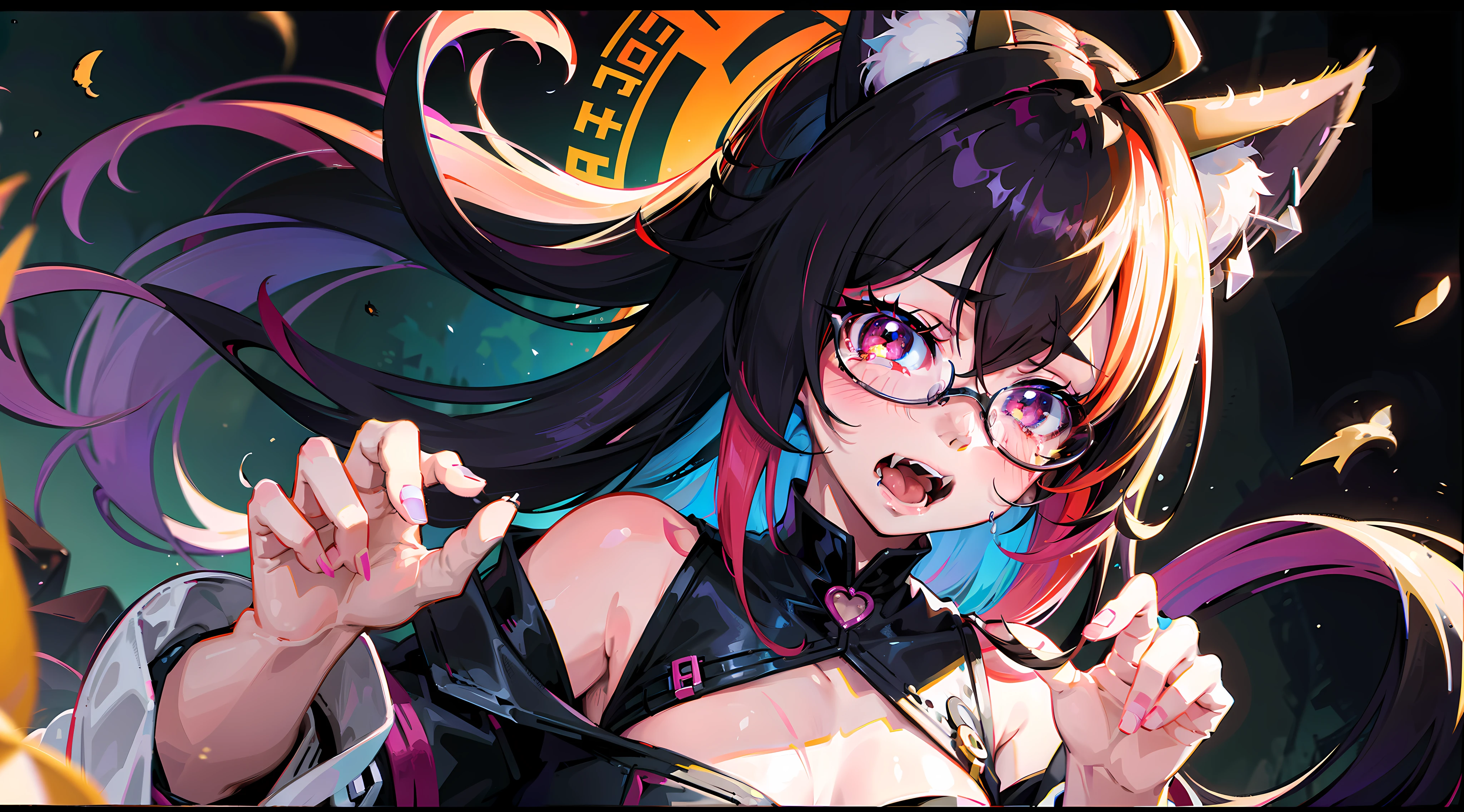 Gradient hair, ahoge, multicolored hair, Medium hair, Long hair, pony tails, Mask, devil horns, forehead jewel, forehead mark, Animal hood, wears glasses, Gradient eyes, Snake pupils, Devil Eyes, happy tears, Fox ears, food on face, Open mouth, Tongue stock, Lick lip, full blush, Moaning, Naughty face, Reflectors, cheerfulness, Yandere, Fang, fang out, verbal invitation, Gothic art, Ray tracing, Vignetting, dither, full bloom, move chart, partial underwater shot, three sided view, hyper HD, Masterpiece, Anatomically correct, Super detail, High quality, Best quality, A high resolution, 4K