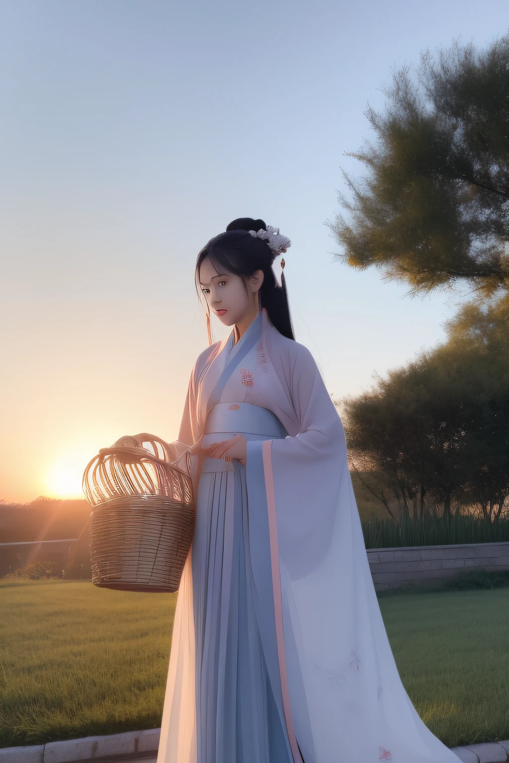 The sky is full of sunsets, The Hanfu woman walked slowly carrying a basket full of bamboo shoots, She has delicate facial features