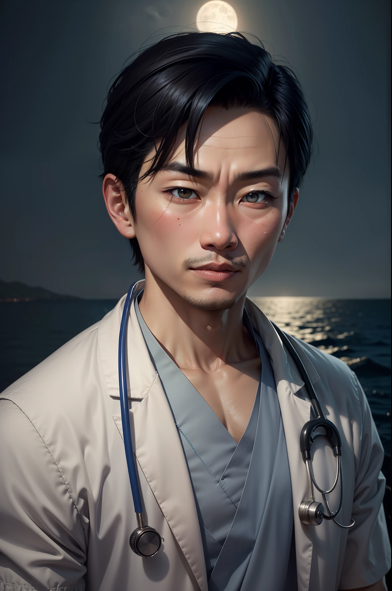 upper body portrait photo of an doctor asian man, eyes looking upwards, telephoto, moonlit, torchlit, atmosphere, oceanic night exterior, realistic, intricate details, true aged skin texture