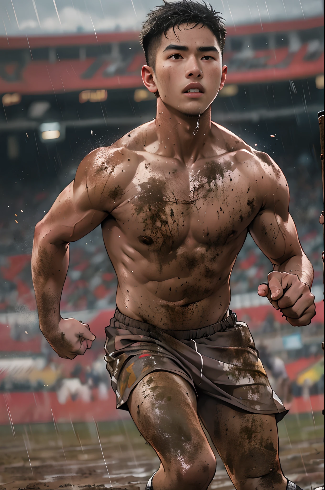 (((1man))),serious face of syahmi,malay, muscular, (brown eyes),sport clothes,(tight jersey), handsome, jock, dynamic, (sfw),(football player), (running on field with muddy),(dirty),(body sweat),(mud on cloth),wet sock,raining,stadium,(cloudy),(intricate details, Masterpiece, high quality, best quality, realistic), (musclebears:0.25), realistic,8K UHD, DLSR,Cinematic lighting,dynamic pose, accurate proportions, warm natural lighting, natural shadows,