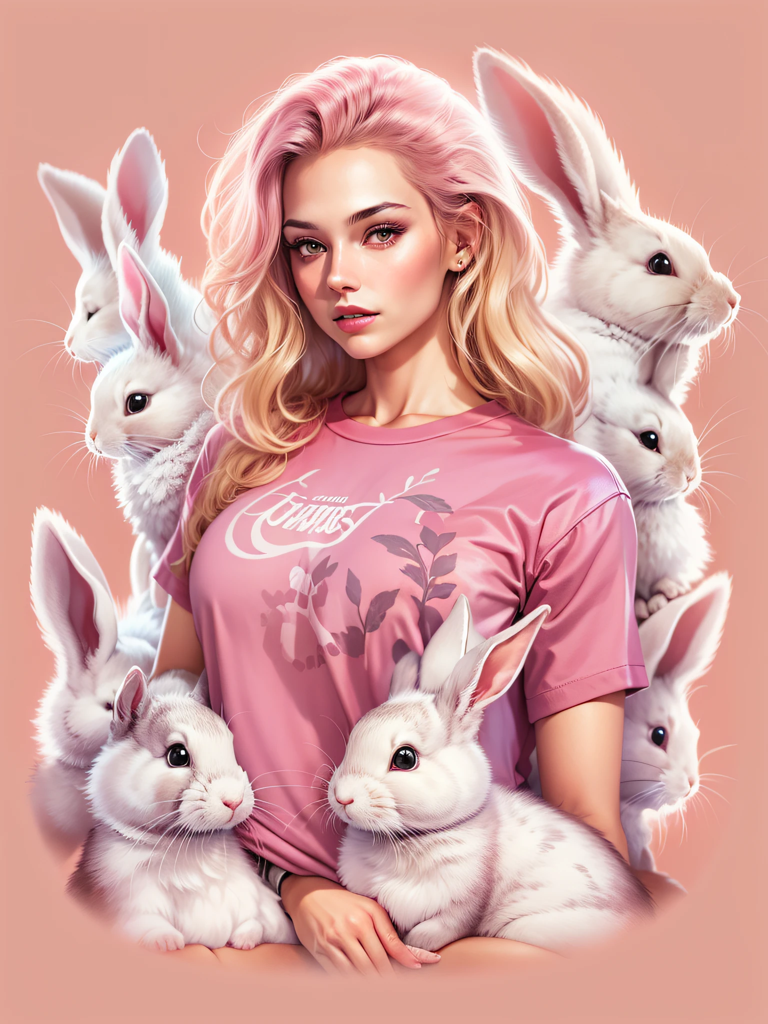 woman with rabbits wearing pink fashion outfit with long blonde hair, realistic style image surrounded by vibraprint ready vector t-shirt design, white background, side view, sticker, clean white background, professional vector, high detail, t-shirt design , vibrant.