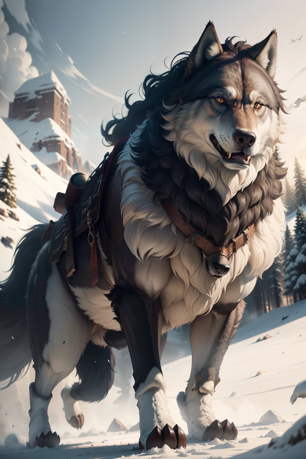 large wolf, very very beautiful furry art, Dramatic cinematic details fur, Hit in the face by a huge slippers,The look is scared,Detailed fanart, Realistic illustration, Realistic picture, dire wolf, A high resolution,4K