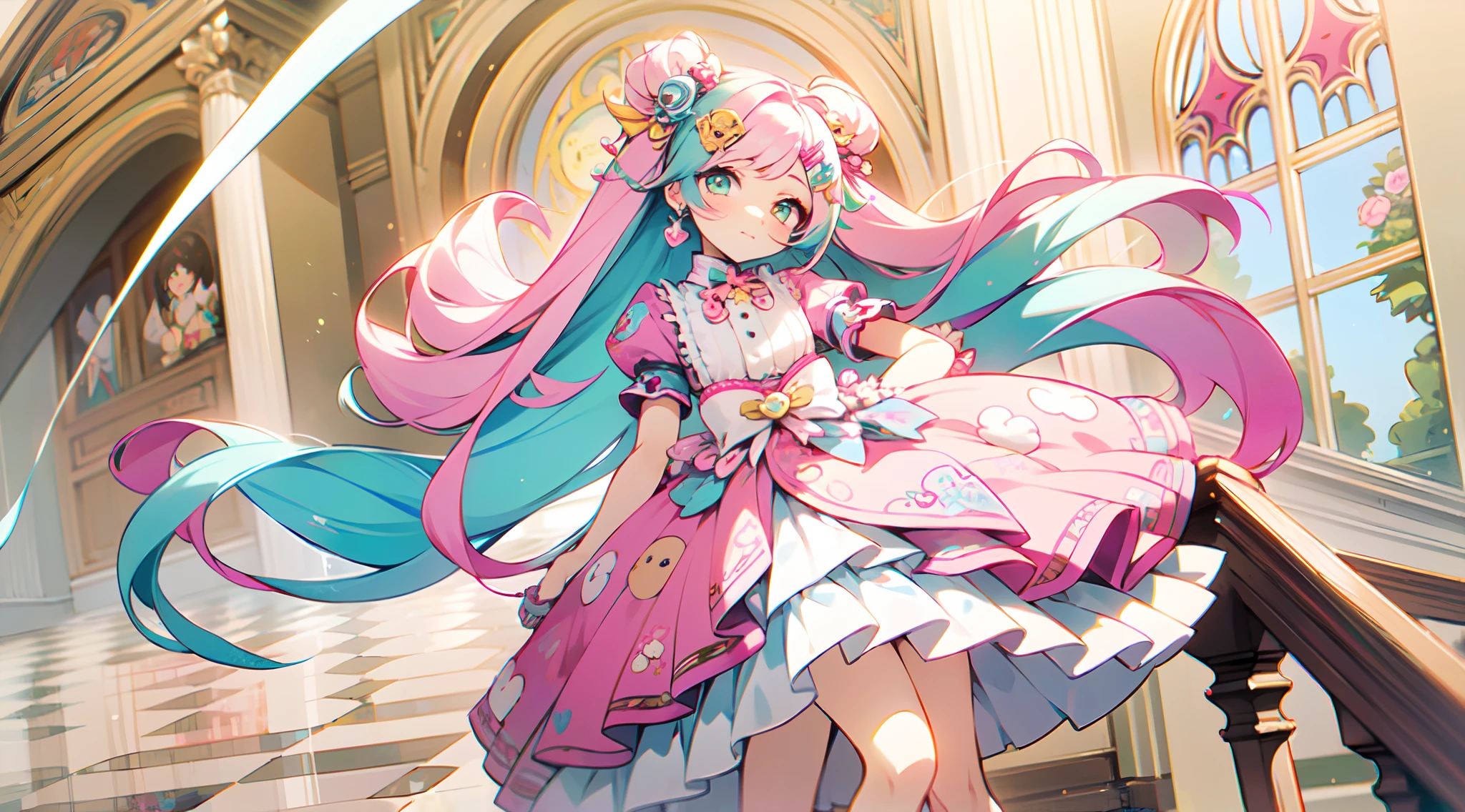 kawaii, Cute, Adorable, Pink, Yellow, babyblue, ((1girll)), "A beautyful girl,Flowing hair and charming eyes, Dressed in a delicate floor-to-ceiling dress,Decorated with floral motifs, Elegantly stand in the stunning view of the cathedral.", decor, hair pin, harajuku fashion outfit, Harajuku