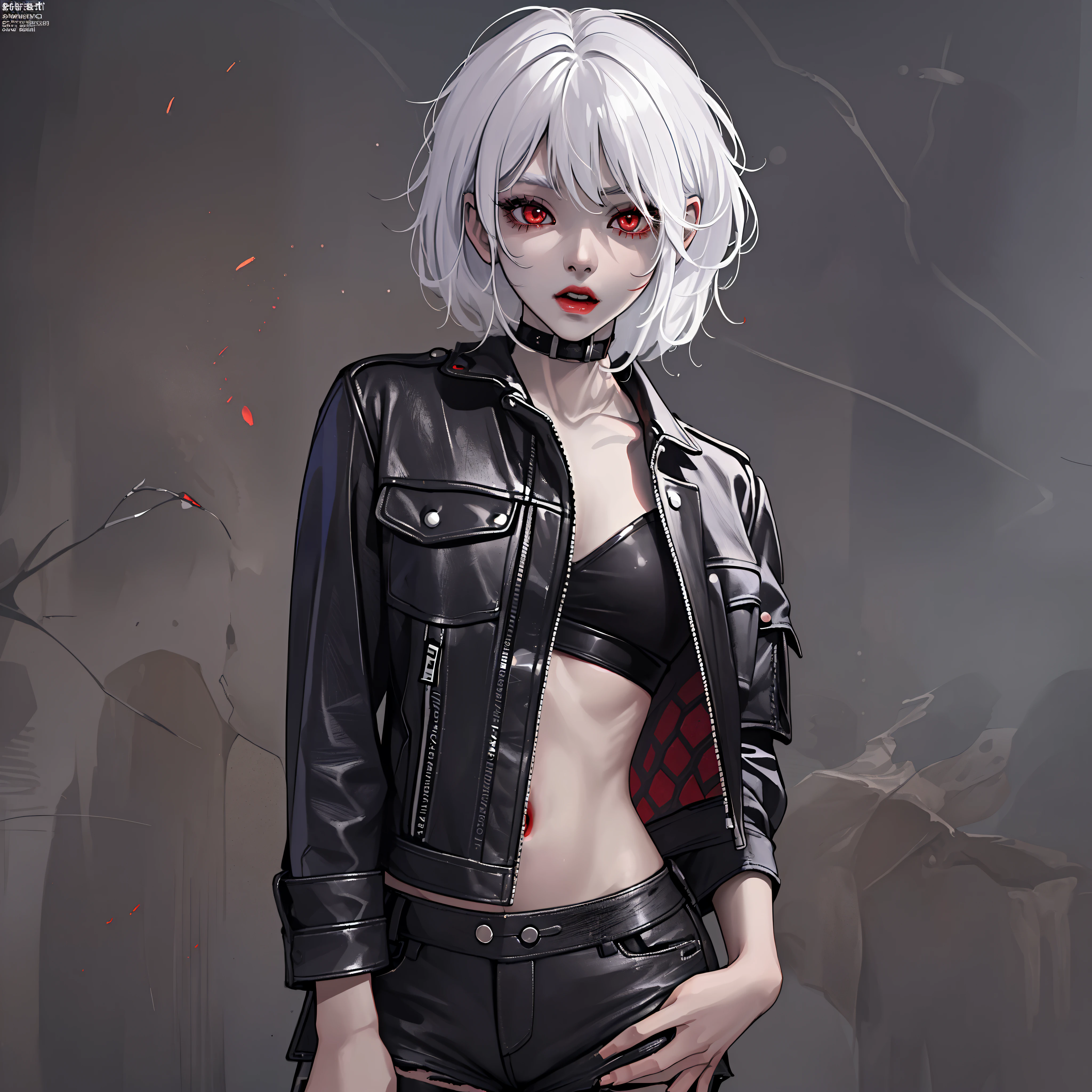 One girl who will be a model for a magazine、(white  hair、Red Eyes、a navel、Short leather jeans、Leather shorts)、Sexy Pose 1:2、Magazine-like letters on the head