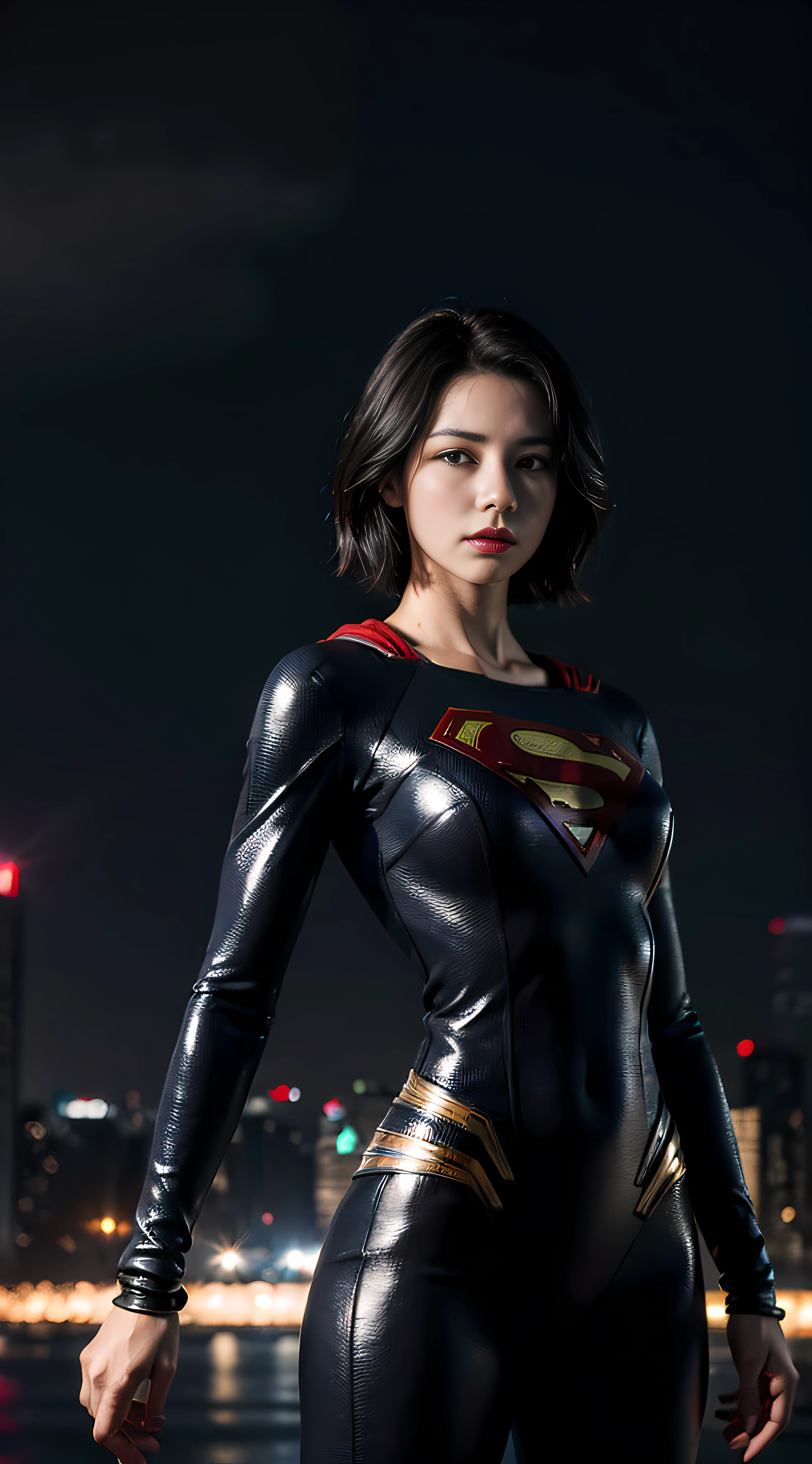 best quality, masterpiece, (photorealistic:2), ultra high resolution, highly detailed, ultra realistic, 1girl, supergirl suit, superman logo, black hair, short hair, slim body, full shot, standing pose, from below, looking at viewer, night, city, rain, cyberpunk vibes, dark scene, dark atmosphere, light neon, mist, cloudy, lightning, detailed background