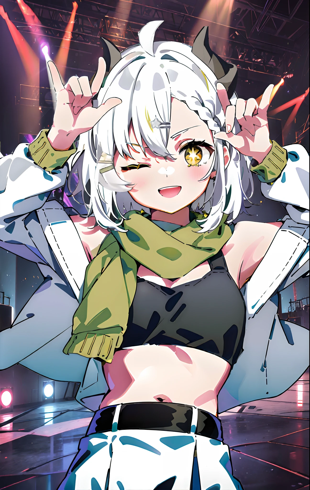 (((golde yellow eyes))),Ai Hoshino,Striped hair,Star-shaped pupils,Green hair accessories,Star-shaped pupils,One eye closed