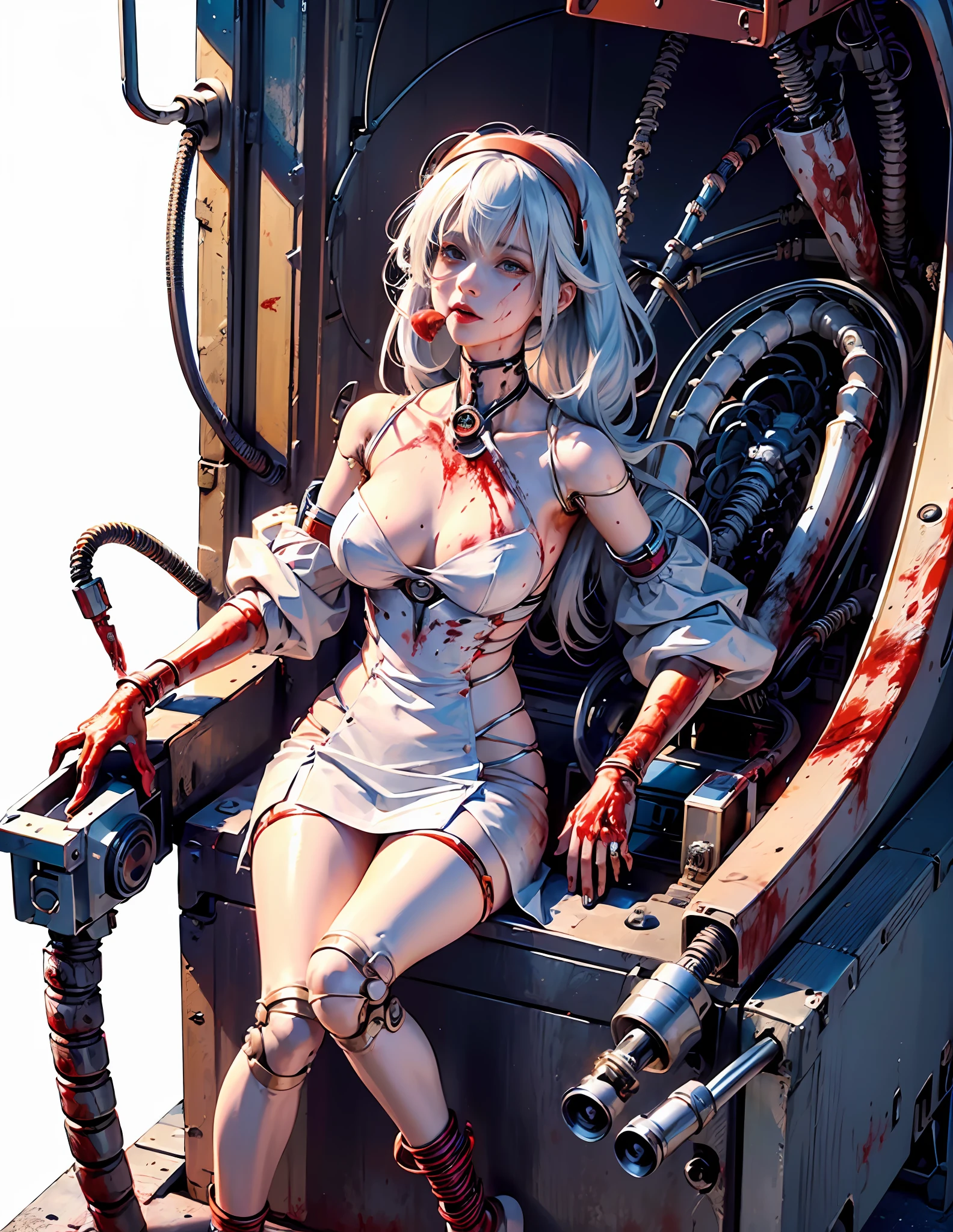 (masterpiece, top quality, best quality, official art, beautiful and aesthetic:1.2), (1girl:1.3), extreme detailed,colorful,highest detailed ((ultra-detailed)), (highly detailed CG illustration), ((an extremely delicate and beautiful)),cinematic light,((((1mechanical girl in container)))),white hair,red eyes,ayanami rei,solo,full body,(blood from mouth:1.5),(machine made joints:1.2),((machanical limbs)),(blood vessels connected to tubes),(mechanical vertebra attaching to back),((mechanical cervial attaching to neck)),expressionless,looking at viewer,from faucet,(wires and cables attaching to neck:1.2),(wires and cables on head:1.2)(character focus),science fiction,(blood:1.5),(stasis pod:1.5),(in container:0.6),