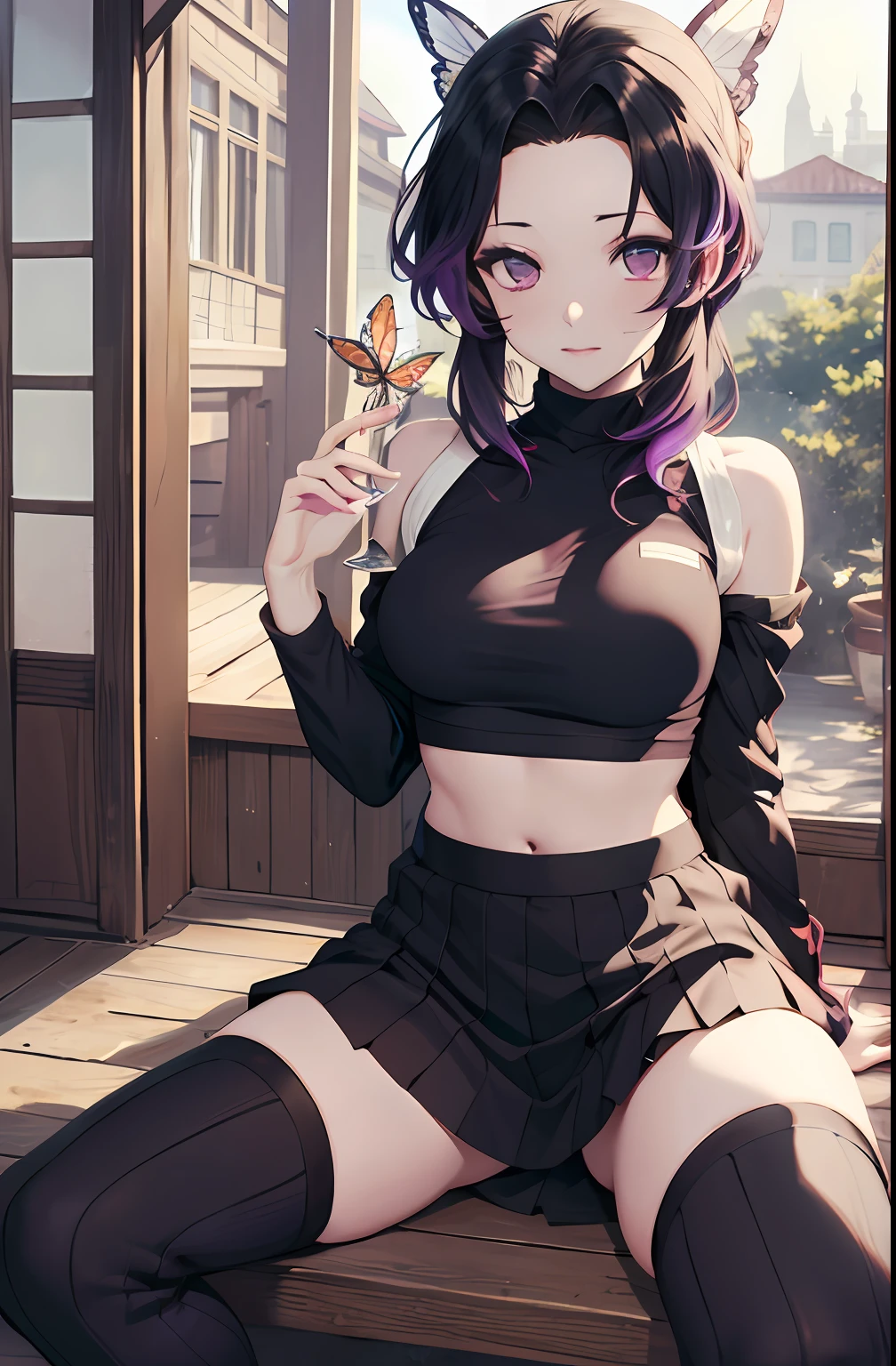 masutepiece, Best Quality, hight resolution, 1girl in, 独奏, kochou shinobu, Decorate your hair with butterflies, violet eyes, Multi-colored hair, Short hair, Parted bangs, Short shorts, Spread your legs apart, skirt by the, Turtleneck Top, outside of house, Erotica, Body emphasis, valley