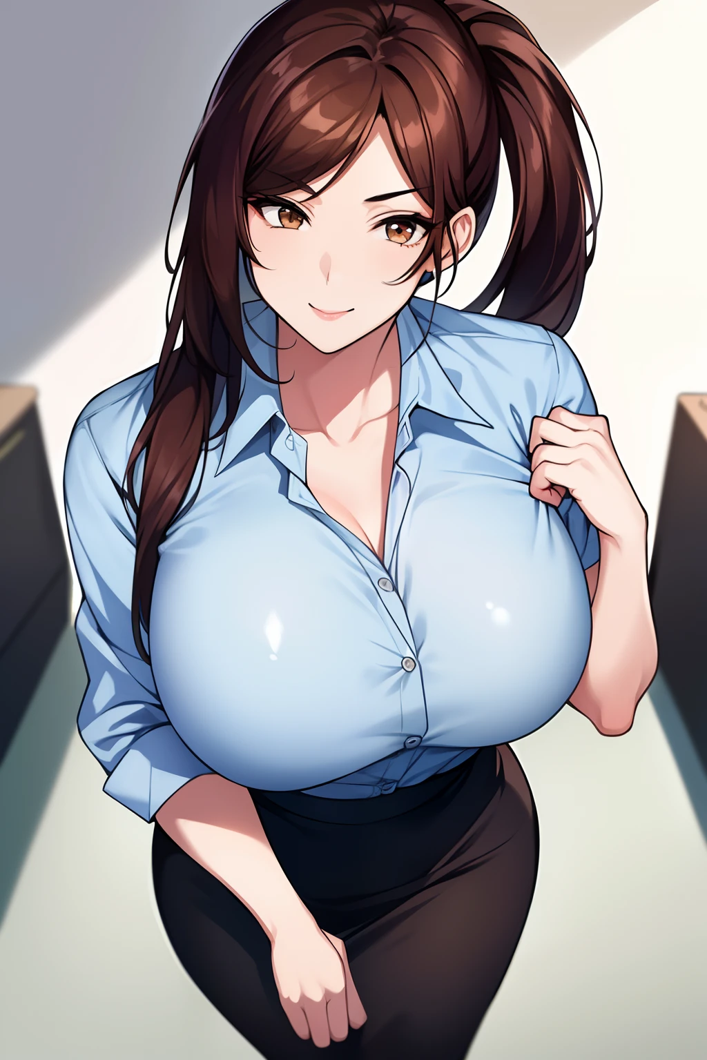 masterpiece, best quality, highest quality, perfect anatomy, highres, ultra-detailed, 8k wallpaper, texture, detail, unique, HDR, extremely detailed CG, Azuma Hisato, 1 girl, Solo, full body, standing, ponytail, brown_hair, Bangs, brown_eyes, 20yo, mature female, looking at viewer, smile, lewd face, (Beautiful,large_Breasts:1.4), (beautiful_face:1.5),(narrow_waist), office outfit, office uniform