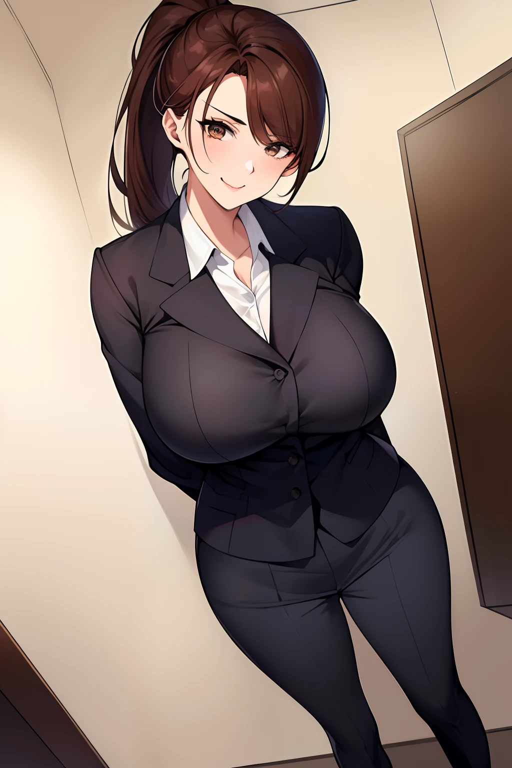 masterpiece, best quality, highest quality, perfect anatomy, highres, ultra-detailed, 8k wallpaper, texture, detail, unique, HDR, extremely detailed CG, Azuma Hisato, 1 girl, Solo, full body, standing, ponytail, brown_hair, Bangs, brown_eyes, 20yo, mature female, looking at viewer, smile, lewd face, (Beautiful,large_Breasts:1.4), (beautiful_face:1.5),(narrow_waist), office outfit, office uniform