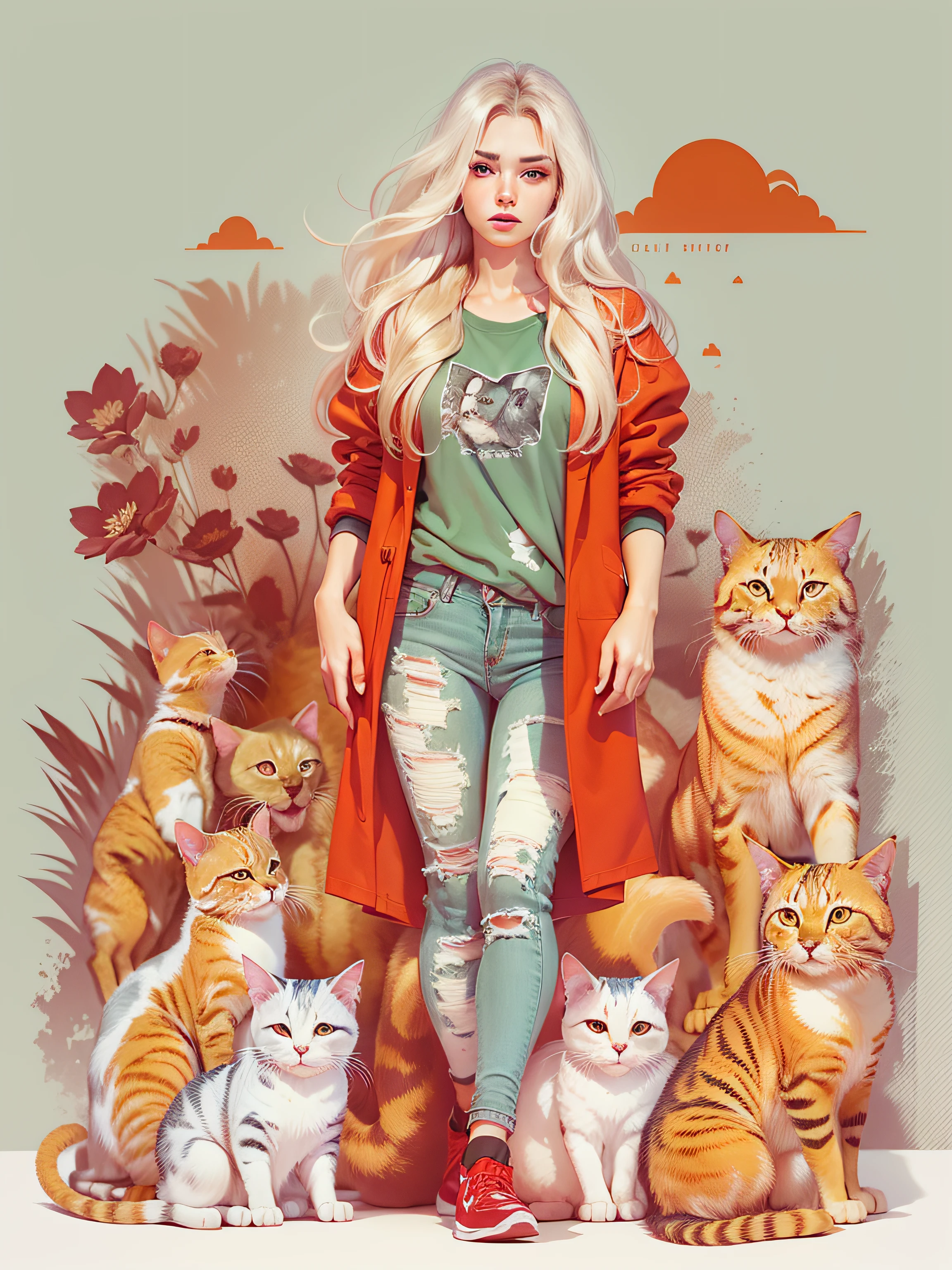 woman with cats, wearing red fashion outfit, with long blonde hair, realistic style image, surrounded by vibraprint ready vector t-shirt design, white background, side view, sticker, clean white background, professional vector, high detail, t - shirt design, vibrant.