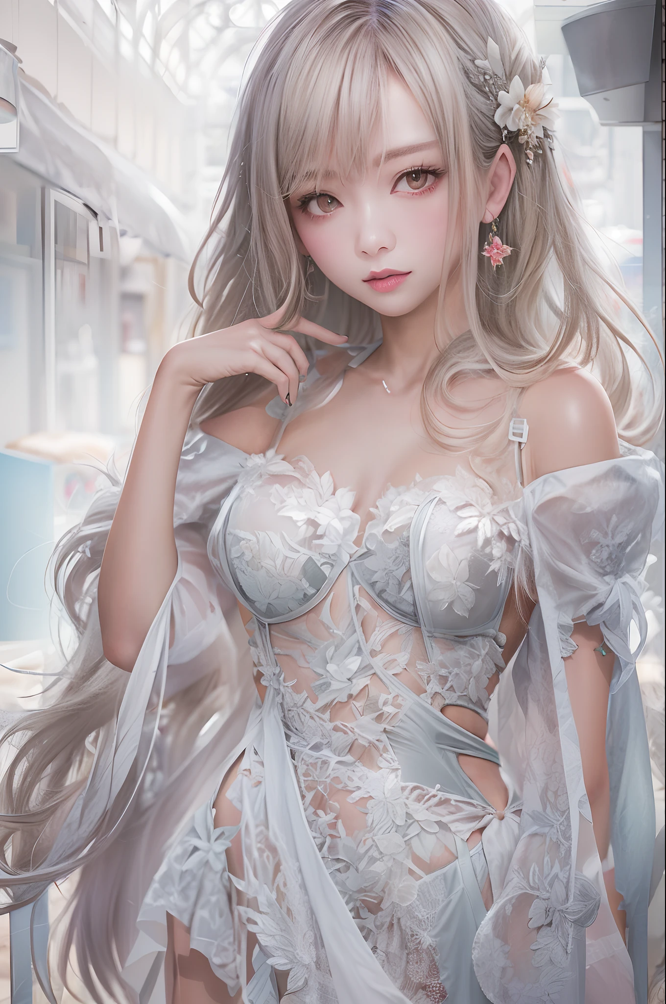 (masterpiece), (top-quality), (top-quality), masterpiece, retinas, Anatomically correct, Textured skin, Super Detail, high details, High quality, awardwinning, Best Quality, hight resolution, ultra wide-angle, looking in camera, Lots of details, Detailed drawing, milky skin, Soft and soft skin, 真实感, realisitic, beautiful countenance, face perfect, Symmetrical face, Proportional body, (realisitic:1.5), (Raw photo:1.4), (Photorealsitic:1.3), Perfect Body Beauty:1.4, the face of a beautiful Japanese girl:1.9, (Background with blurred depth of field), (detailedbackground:1.25), (Hair growth:1.25), 1girl in, 独奏, is standing, FULL BODYSHOT, Highly detailed face and skin quality, Realistic skin type, A detailed eye, 二重まぶた, lipgloss, A sexy, bare shoulders, attractive collarbone, off shoulders, Wavy shoulder-length hair, Exposed cleavage, no-bra, White shirt wet by rain, wetbody:1.1, garden, sunlights, pluma, flower petals, white_Dress, curly silver hair