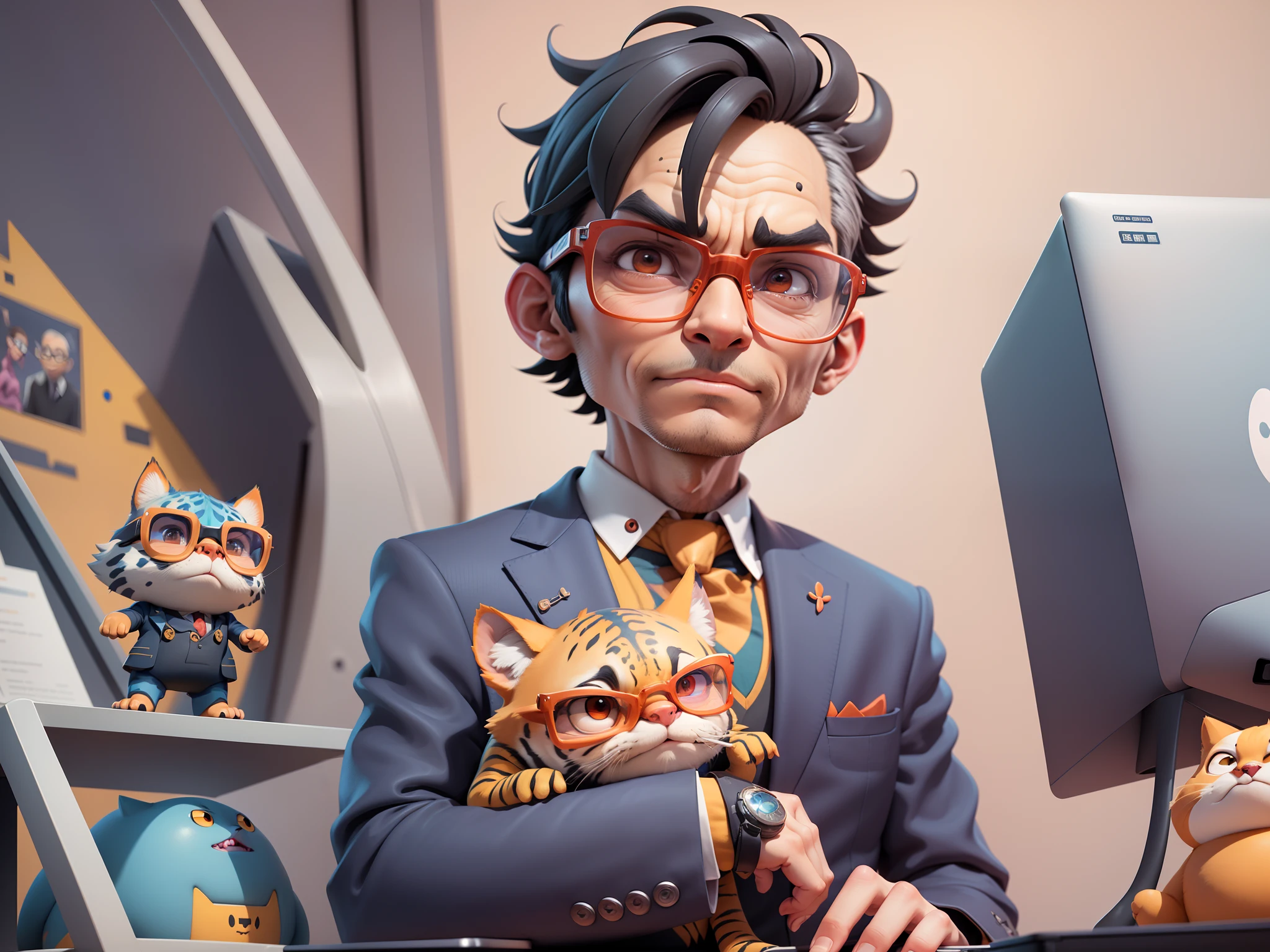 A young man in a suit, Short hair and glasses sat at his desk,holding laptop,digitial painting,tigre,3D character design by Mark Clairen and Pixar and Hayao Miyazaki and Akira Toriyama,4K HD illustration,Very detailed facial features and cartoon-style visuals。