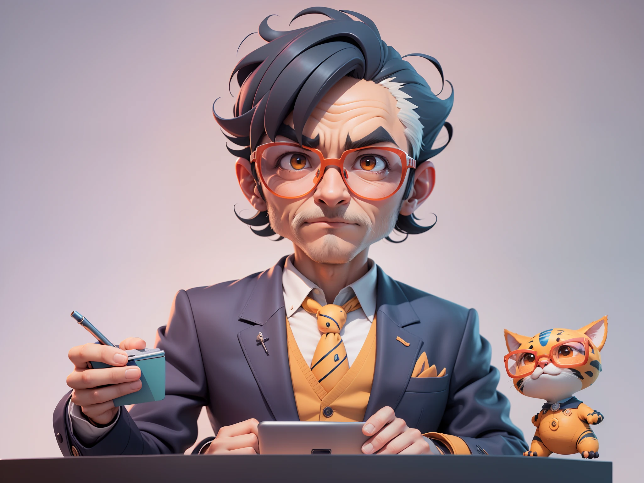 A young man in a suit, Short hair and glasses sat at his desk，holding laptop，digitial painting，tigre，3D character design by Mark Clairen and Pixar and Hayao Miyazaki and Akira Toriyama，4K HD illustration，Very detailed facial features and cartoon-style visuals。