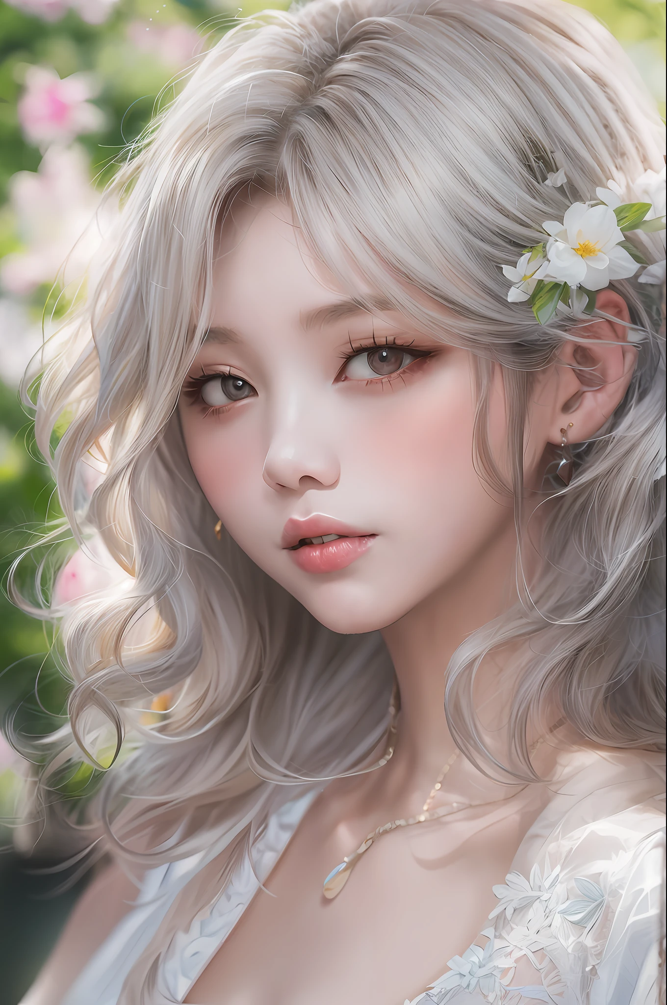 (masterpiece), (top-quality), (top-quality), masterpiece, retinas, Anatomically correct, Textured skin, Super Detail, high details, High quality, awardwinning, Best Quality, hight resolution, ultra wide-angle, looking in camera, Lots of details, Detailed drawing, milky skin, Soft and soft skin, 真实感, realisitic, beautiful countenance, face perfect, Symmetrical face, Proportional body, (realisitic:1.5), (Raw photo:1.4), (Photorealsitic:1.3), Perfect Body Beauty:1.4, the face of a beautiful Japanese girl:1.9, (Background with blurred depth of field), (detailedbackground:1.25), (Hair growth:1.25), 1girl in, 独奏, is standing, FULL BODYSHOT, Highly detailed face and skin quality, Realistic skin type, A detailed eye, 二重まぶた, lipgloss, A sexy, bare shoulders, attractive collarbone, off shoulders, Wavy shoulder-length hair, Exposed cleavage, no-bra, White shirt wet by rain, wetbody:1.1, garden, sunlights, pluma, flower petals, white_Dress, curly silver hair