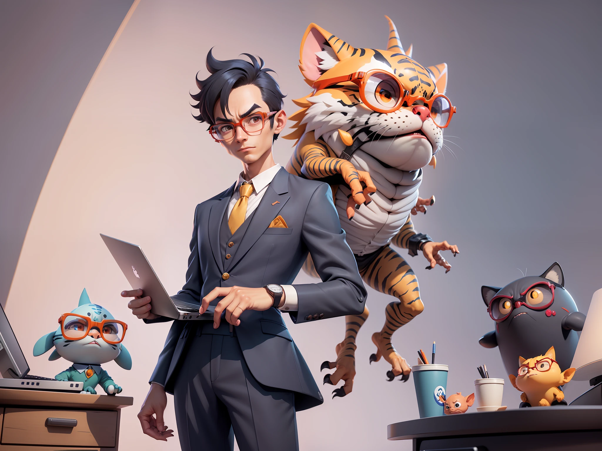 A young man in a suit, Short hair and glasses sat at his desk,holding laptop,digitial painting,tigre,3D character design by Mark Clairen and Pixar and Hayao Miyazaki and Akira Toriyama,4K HD illustration,Very detailed facial features and cartoon-style visuals。