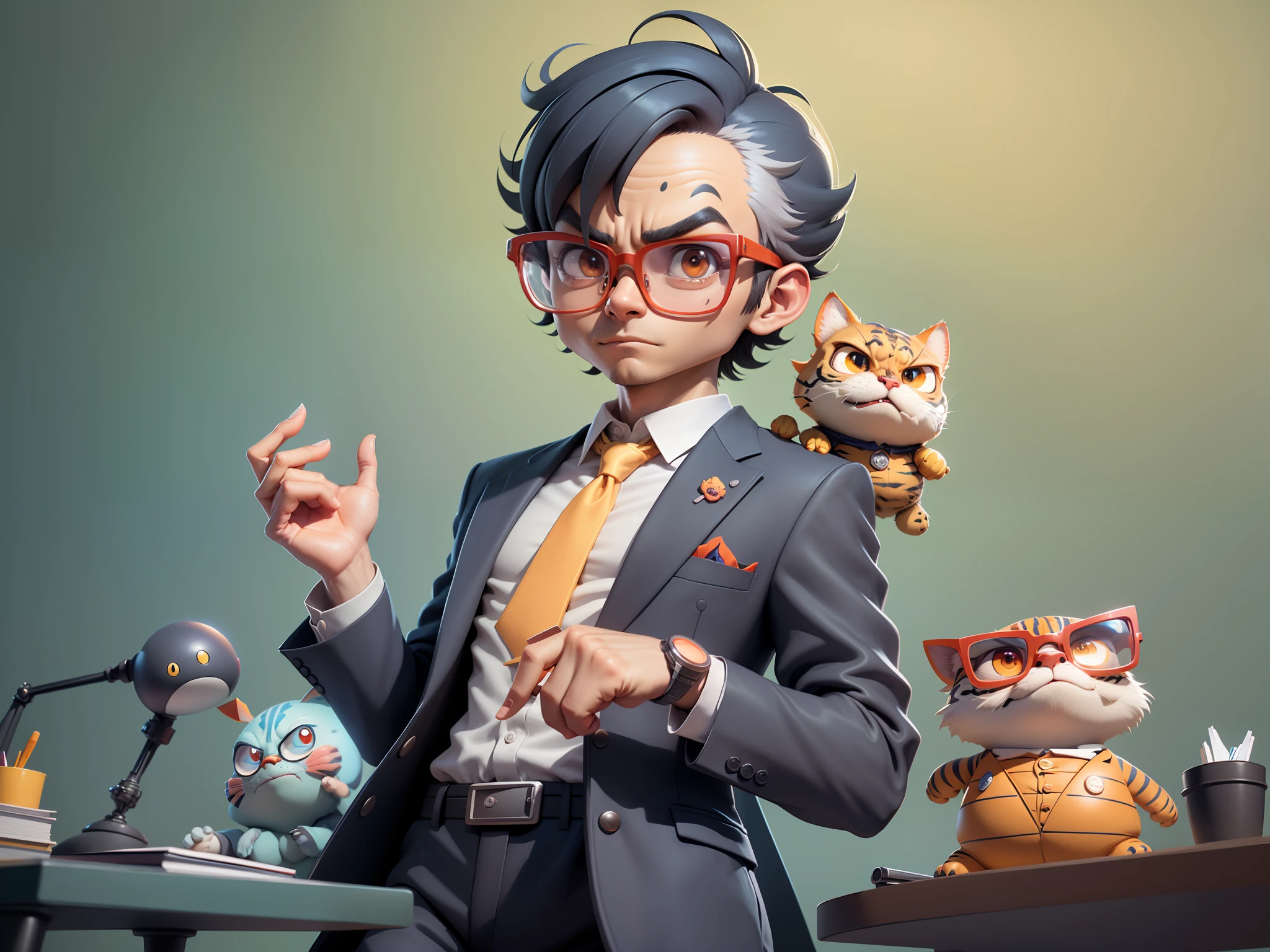 A young man in a suit, Short hair and glasses sat at his desk,holding laptop,digitial painting,tigre,3D character design by Mark Clairen and Pixar and Hayao Miyazaki and Akira Toriyama,4K HD illustration,Very detailed facial features and cartoon-style visuals。