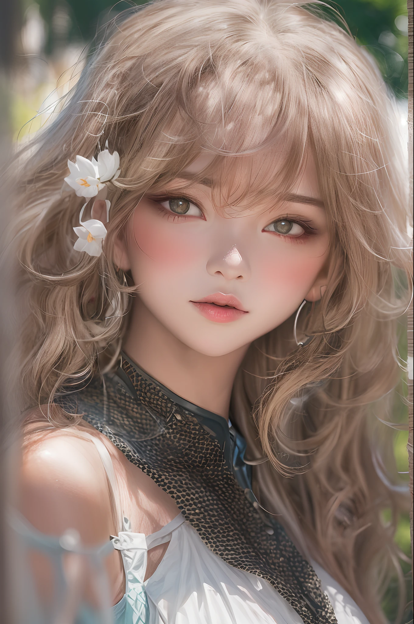 (masterpiece), (top-quality), (top-quality), masterpiece, retinas, Anatomically correct, Textured skin, Super Detail, high details, High quality, awardwinning, Best Quality, hight resolution, ultra wide-angle, looking in camera, Lots of details, Detailed drawing, milky skin, Soft and soft skin, 真实感, realisitic, beautiful countenance, face perfect, Symmetrical face, Proportional body, (realisitic:1.5), (Raw photo:1.4), (Photorealsitic:1.3), Perfect Body Beauty:1.4, the face of a beautiful Japanese girl:1.9, (Background with blurred depth of field), (detailedbackground:1.25), (Hair growth:1.25), 1girl in, 独奏, is standing, FULL BODYSHOT, Highly detailed face and skin quality, Realistic skin type, A detailed eye, 二重まぶた, lipgloss, A sexy, bare shoulders, attractive collarbone, off shoulders, Wavy shoulder-length hair, Exposed cleavage, no-bra, White shirt wet by rain, wetbody:1.1, garden, sunlights, pluma, flower petals, white_Dress, curly red hair